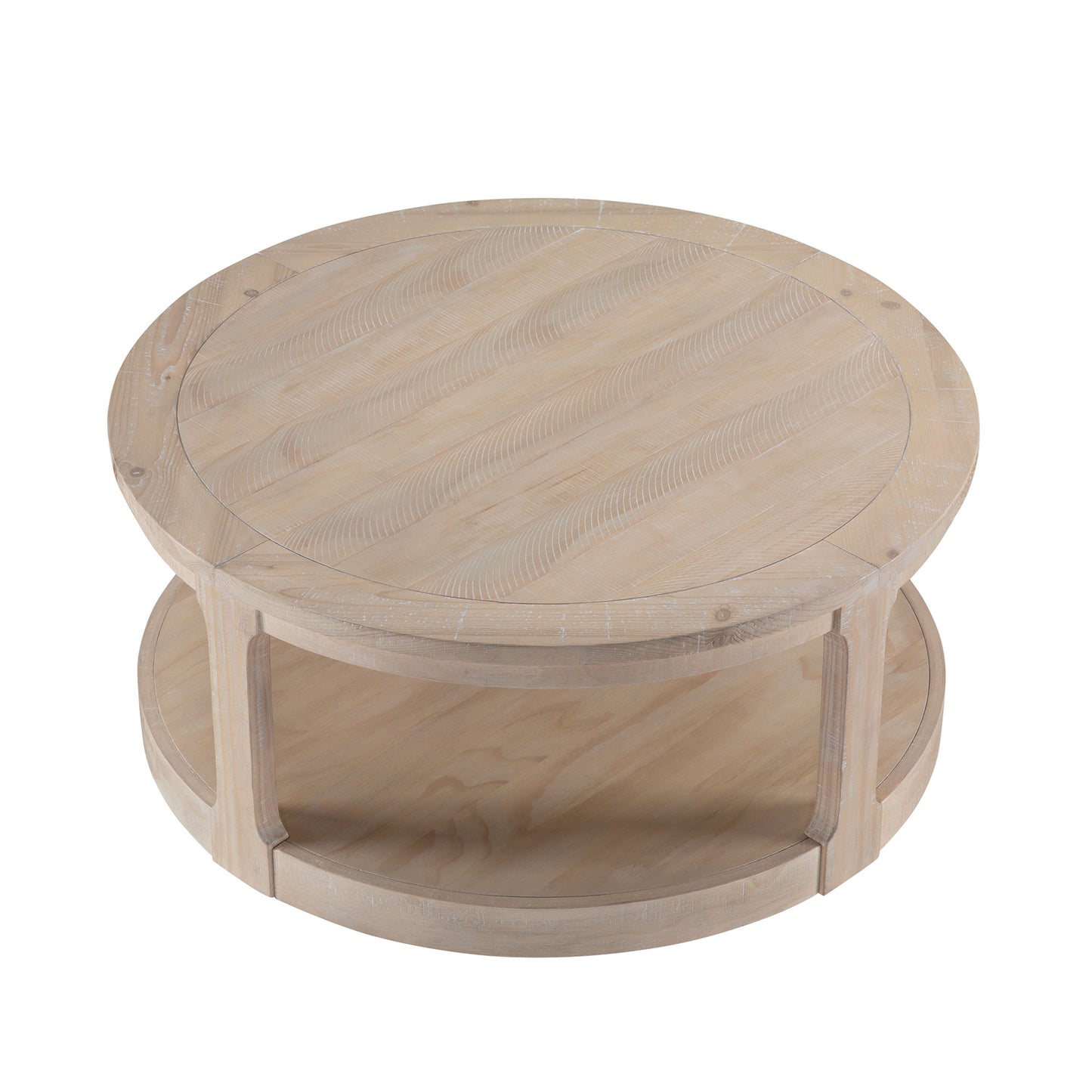 Round light wood coffee table with distressed finish and two tiers