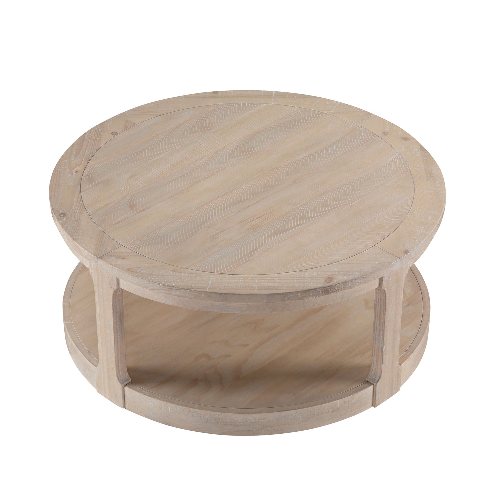Round light wood coffee table with distressed finish and two tiers