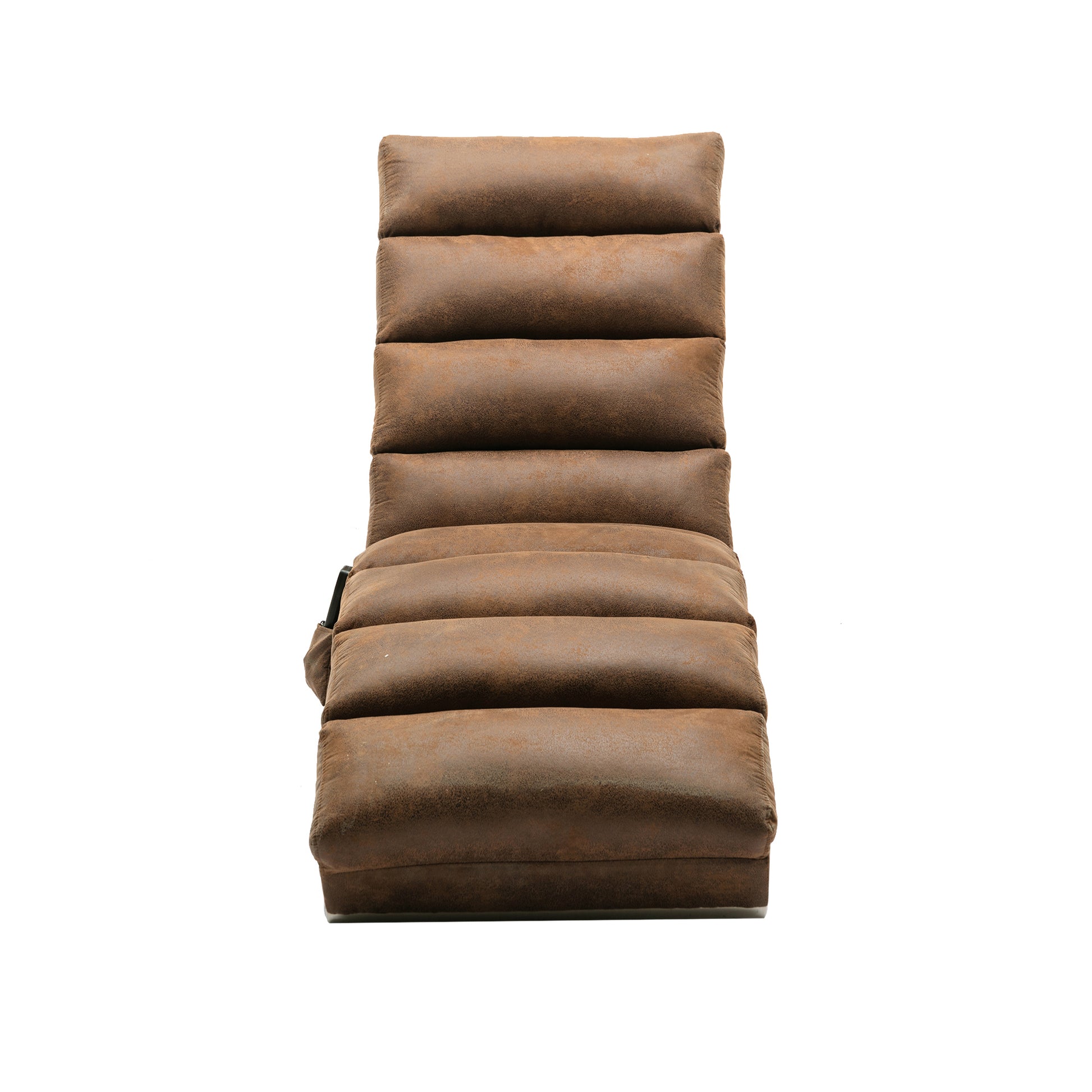 Brown faux suede lounge chair with horizontal tufting perfect for relaxation