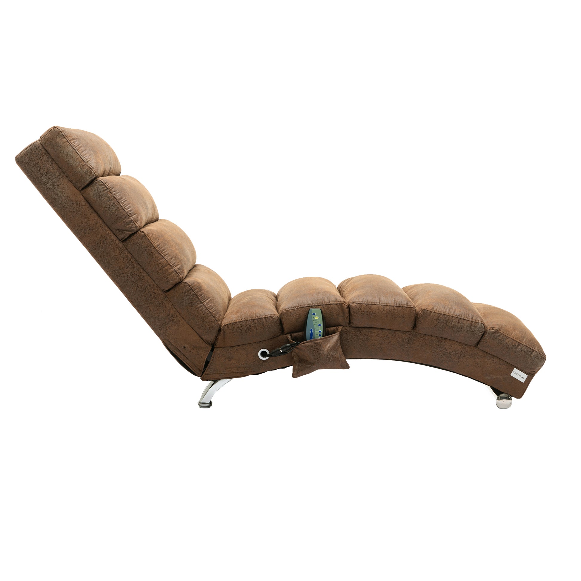 Brown recliner chaise lounge with plush cushions and integrated remote