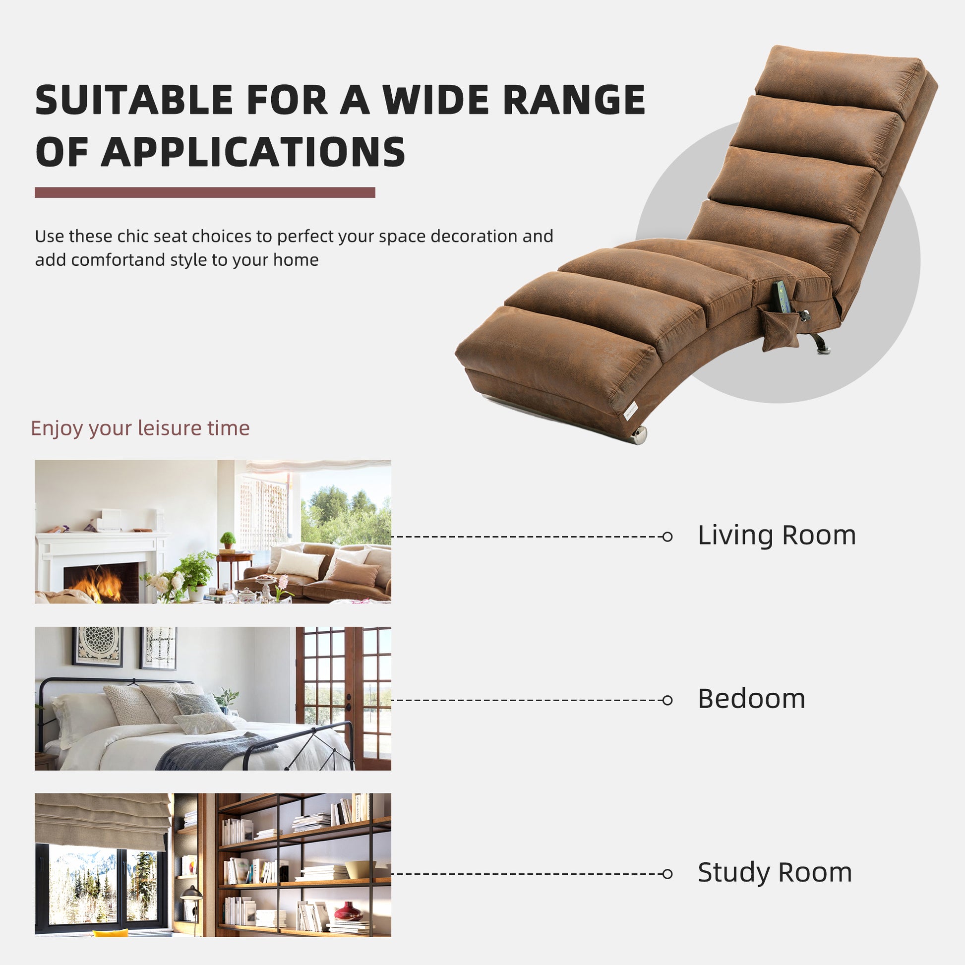 Brown tufted chaise lounge chair with side pocket and metal legs