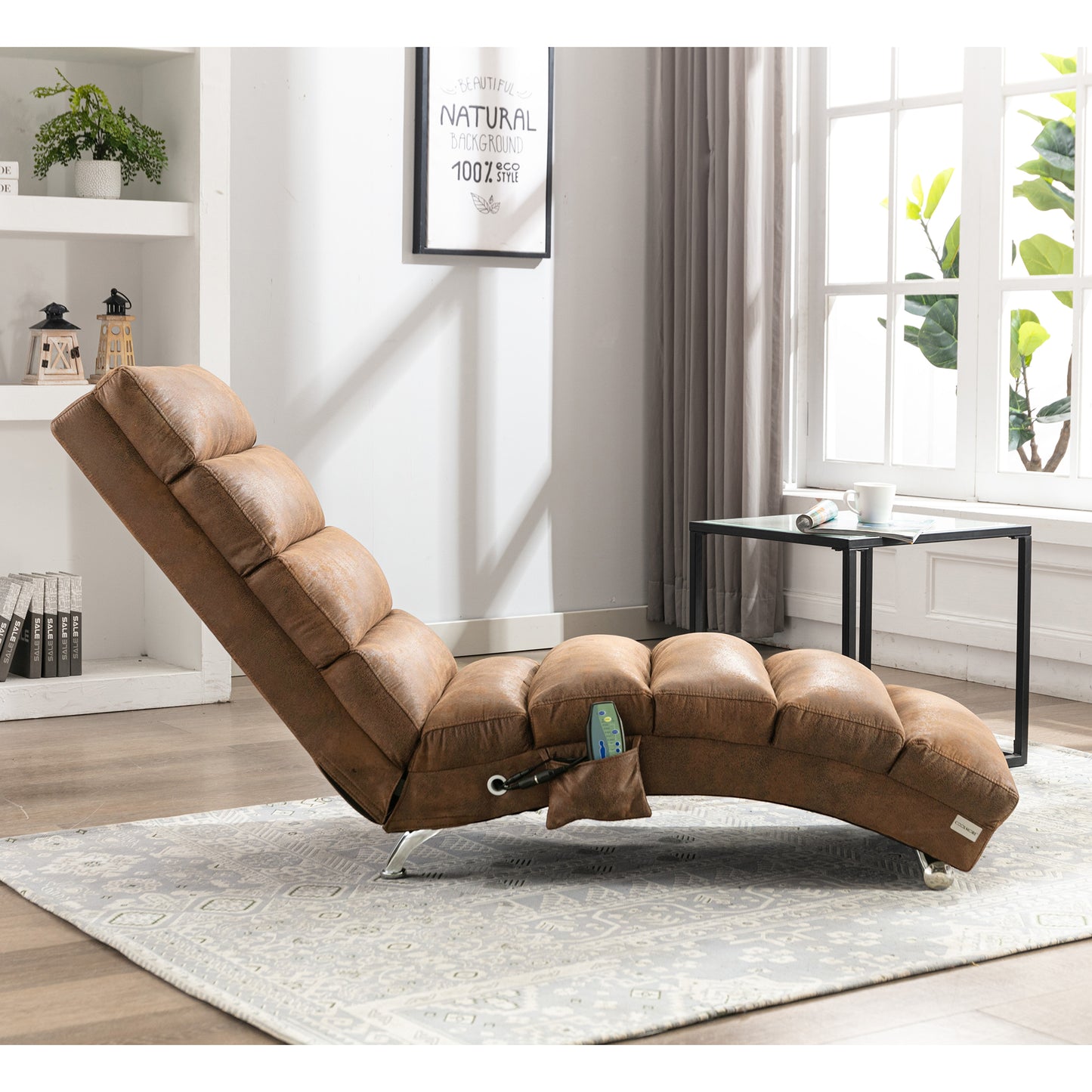 Brown faux leather chaise lounge chair with plush cushions and adjustable recline