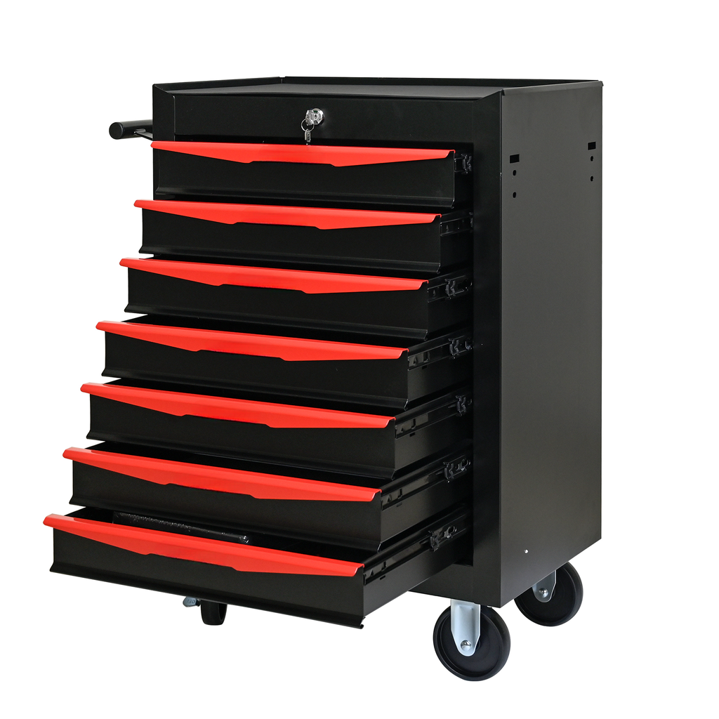 Black drawer rolling tool chest with red drawer liners