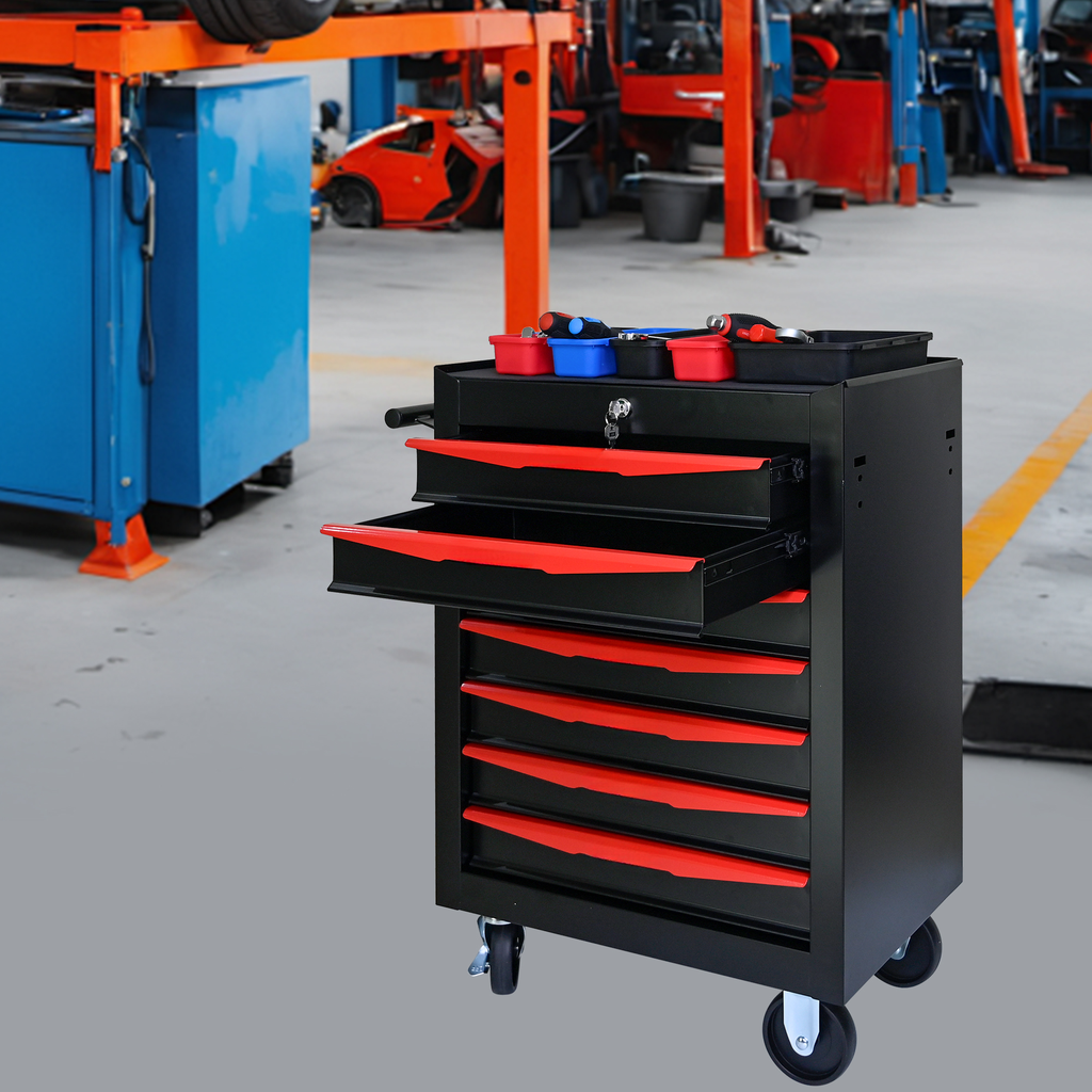 Black rolling tool chest with red drawer liners and top compartment containing tools