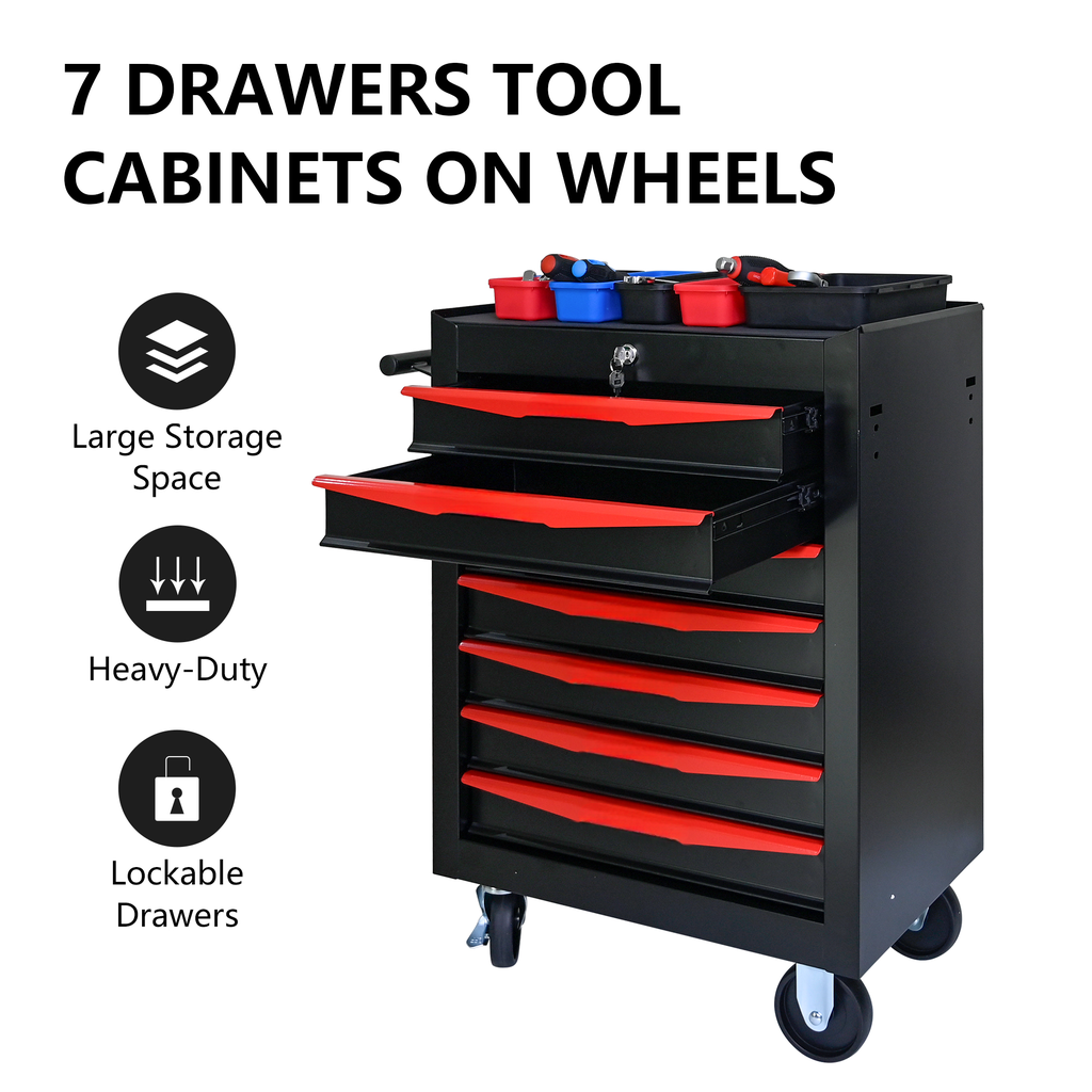 Black drawer tool cabinet on wheels with red accents ideal for garage storage