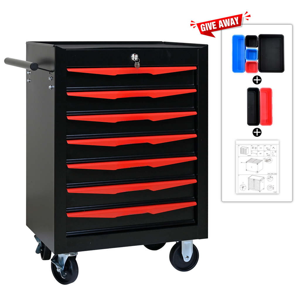 Black rolling tool chest with seven drawers and red accents