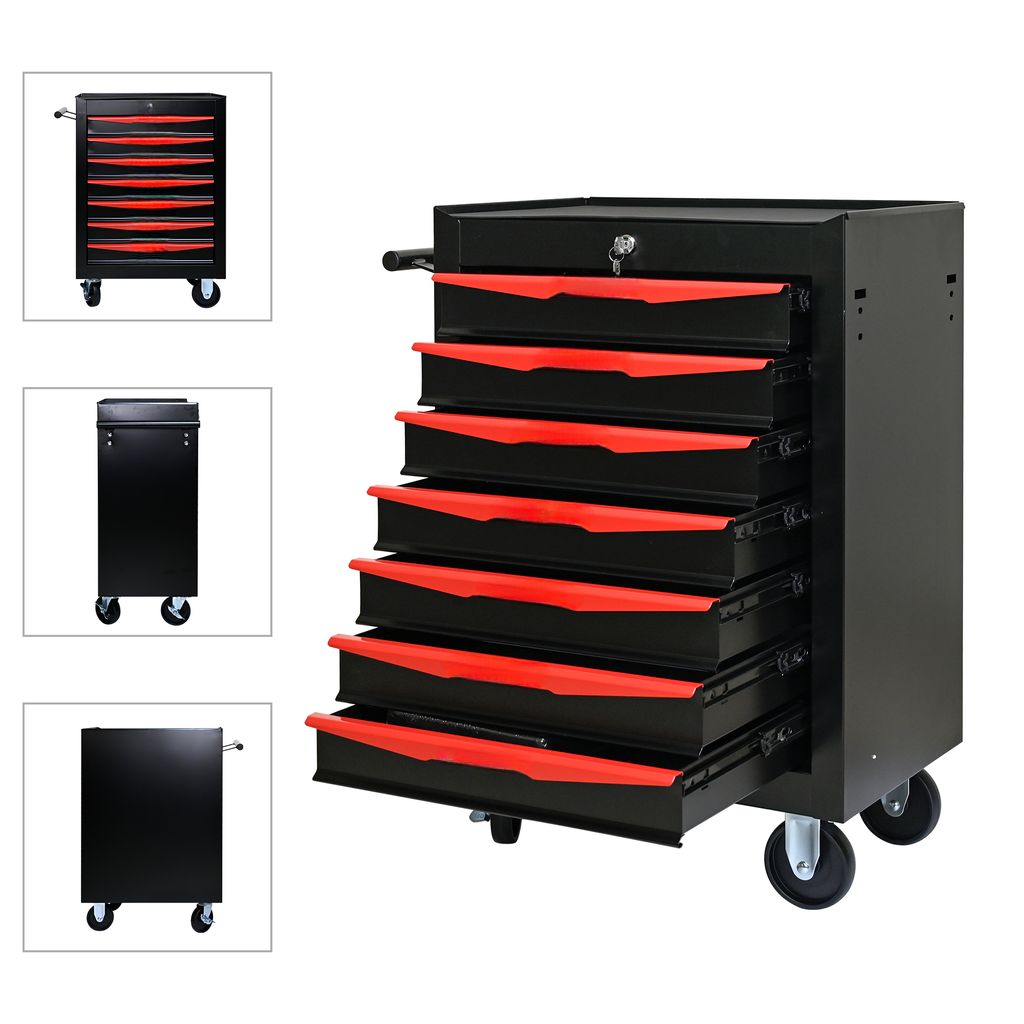 Black drawer rolling tool chest with red liners and chrome handle ideal for mechanics