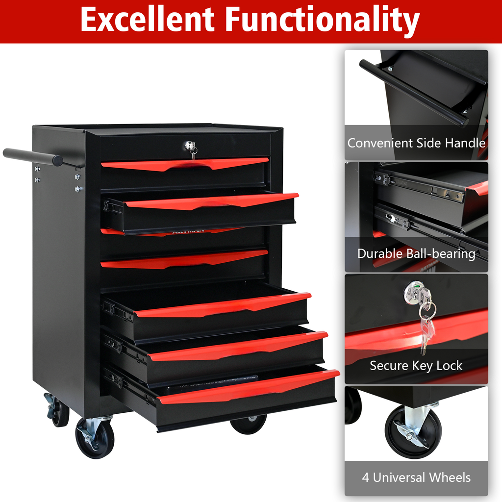 Black rolling tool chest with  drawers and red accents