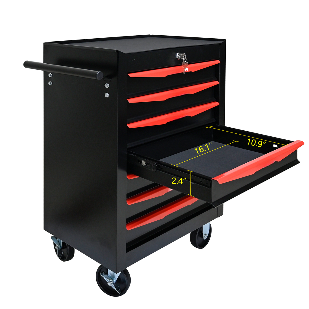 Black rolling tool chest with  drawers and red accents featuring a key lock and pull handle