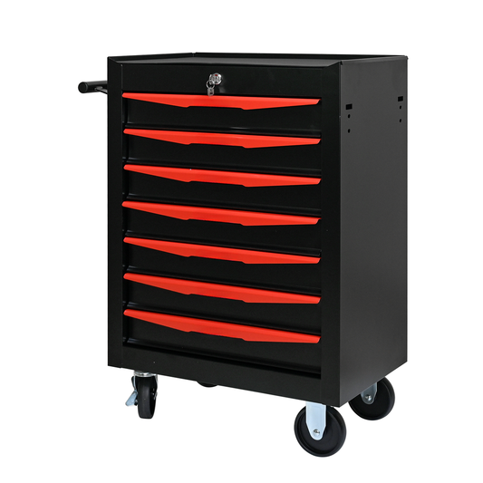 Black drawer rolling tool chest with red accents and a lock