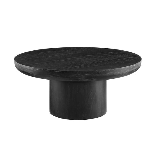 Dark wood round coffee table with a single pedestal base