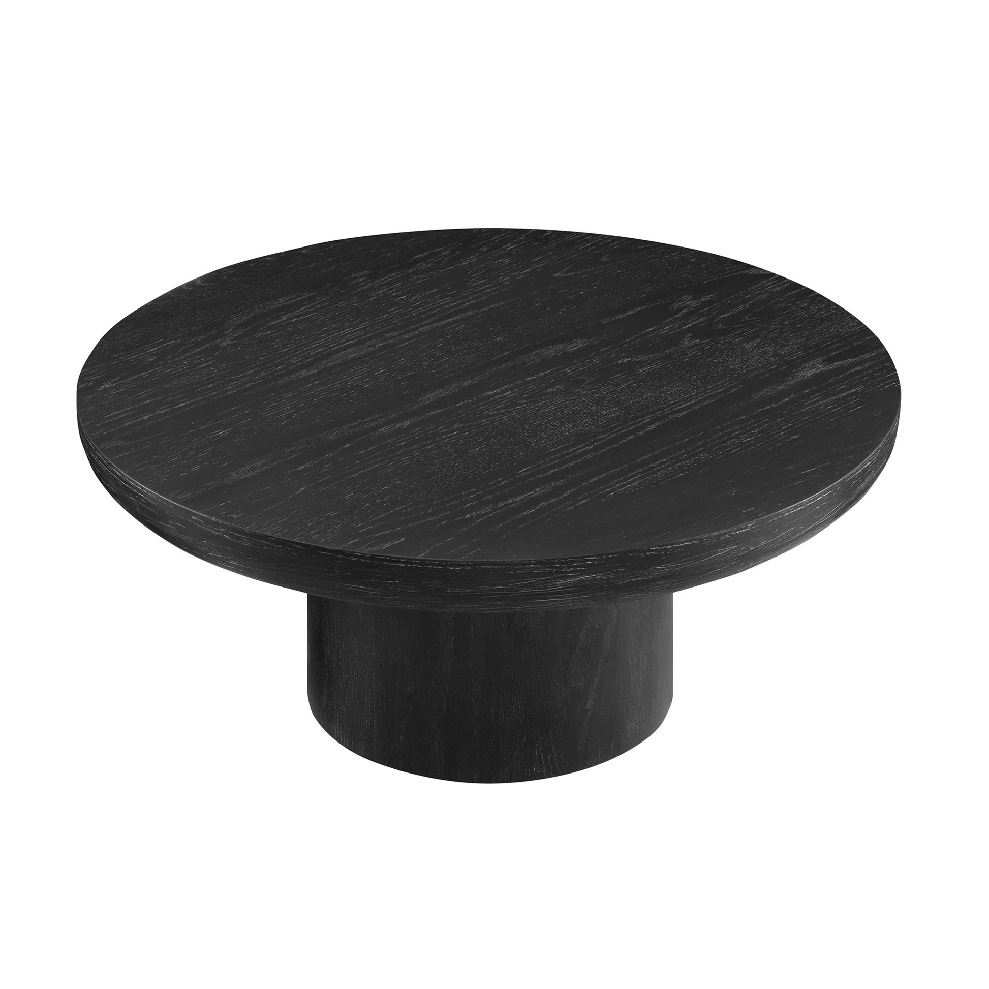 Round black wood coffee table with a pedestal base and textured finish