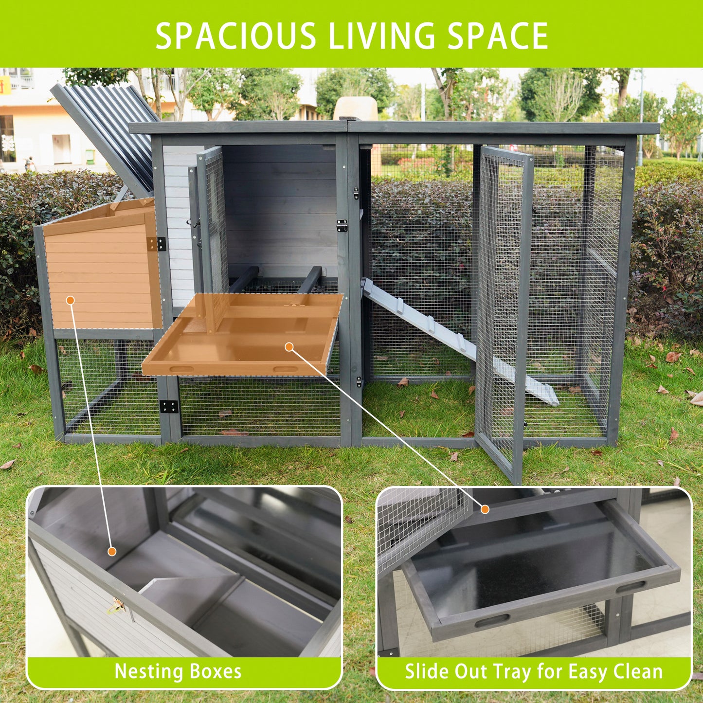 Spacious grey wooden chicken coop with nesting boxes and slideout tray