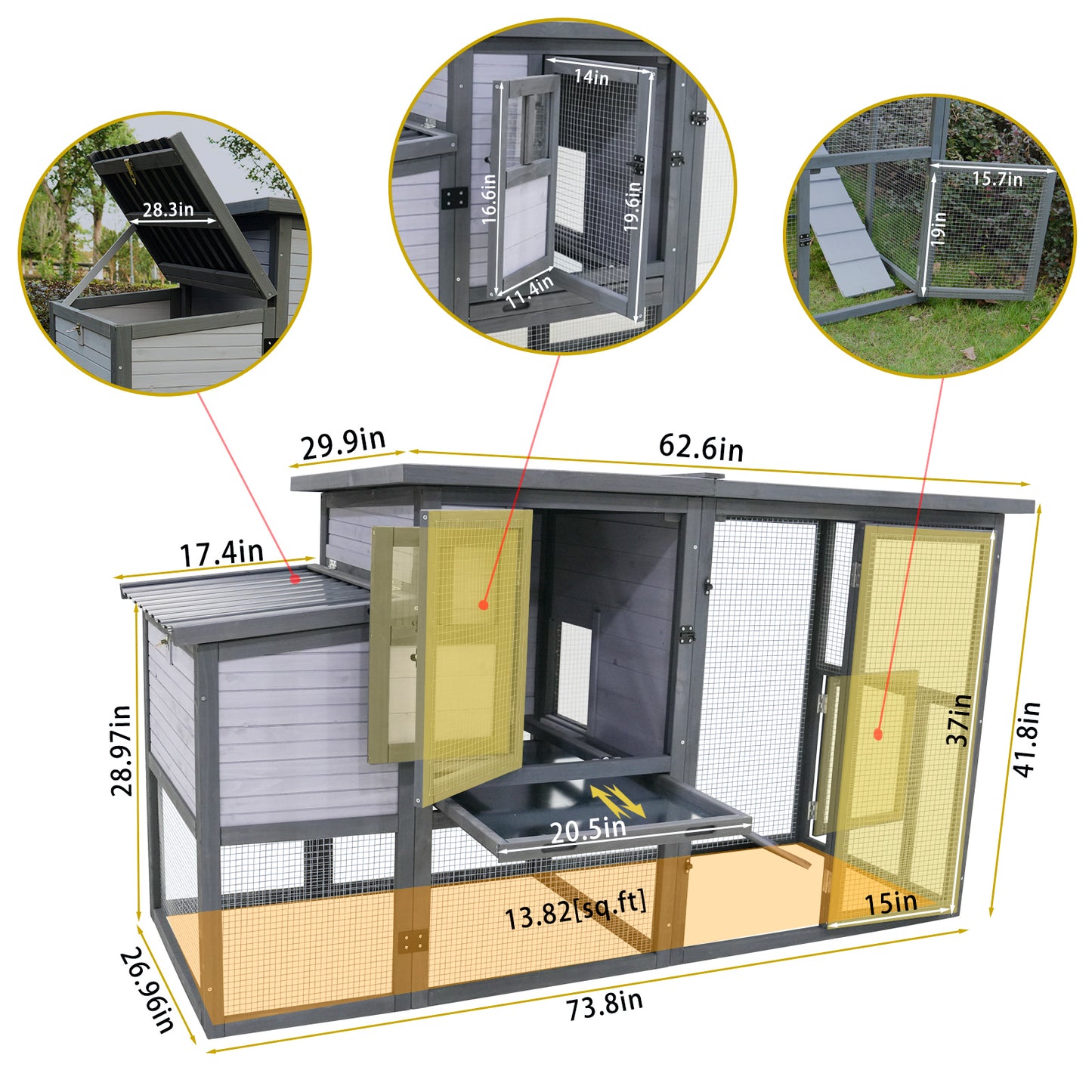 Large gray chicken coop with multiple compartments and dimensions labeled for easy assembly