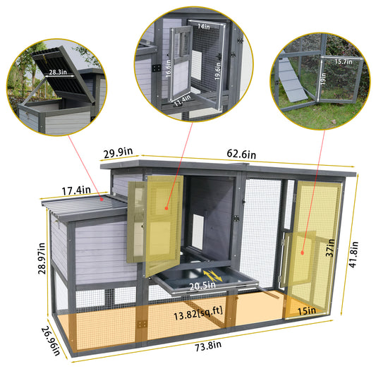 Large gray chicken coop with multiple compartments and dimensions labeled for easy assembly