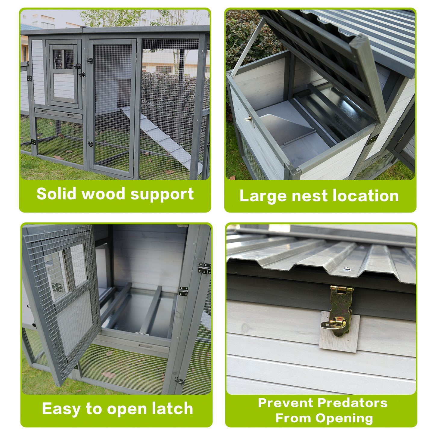 Gray wooden chicken coop with solid wood support and wire mesh enclosure