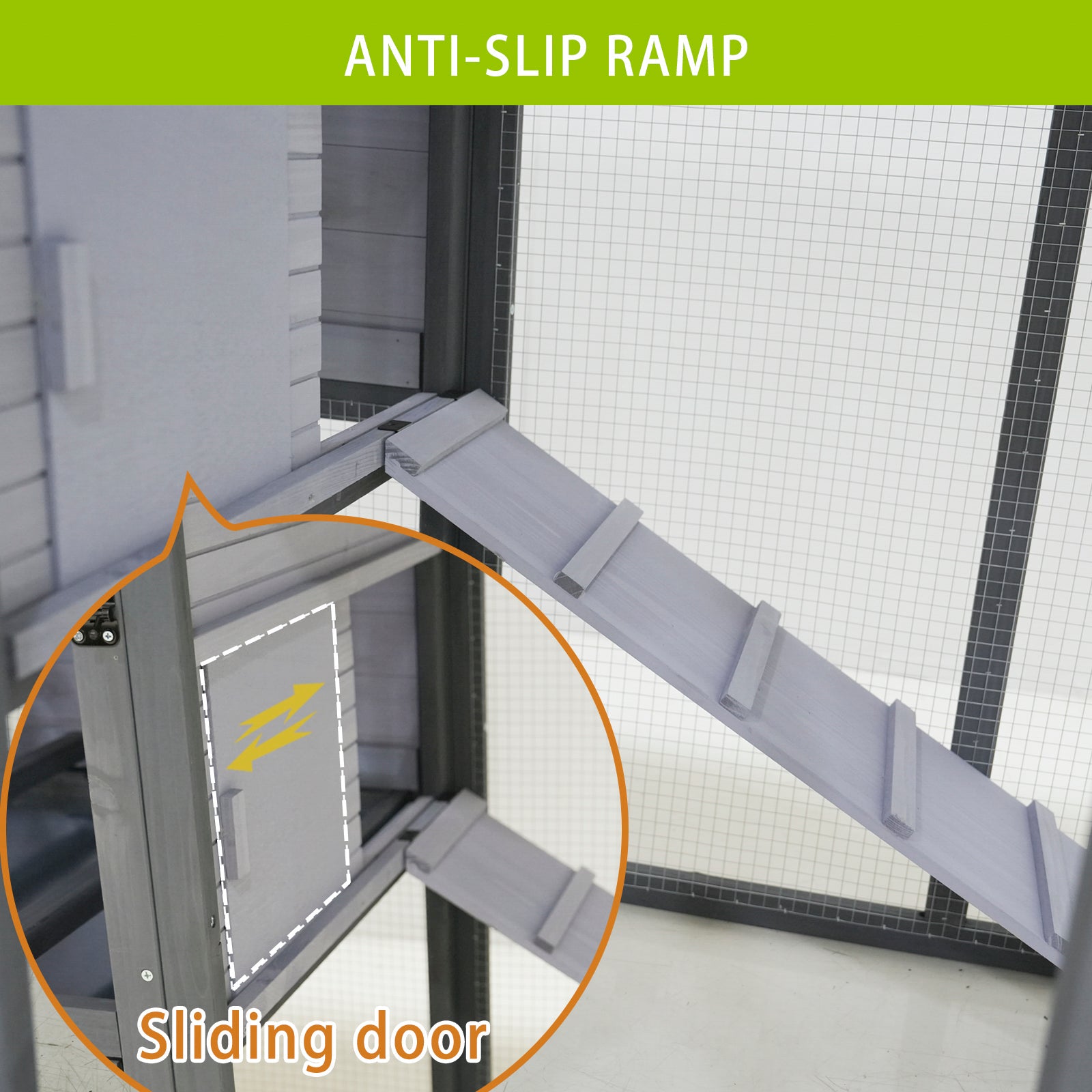Grey wooden small animal hutch with an antislip ramp for easy climbing access