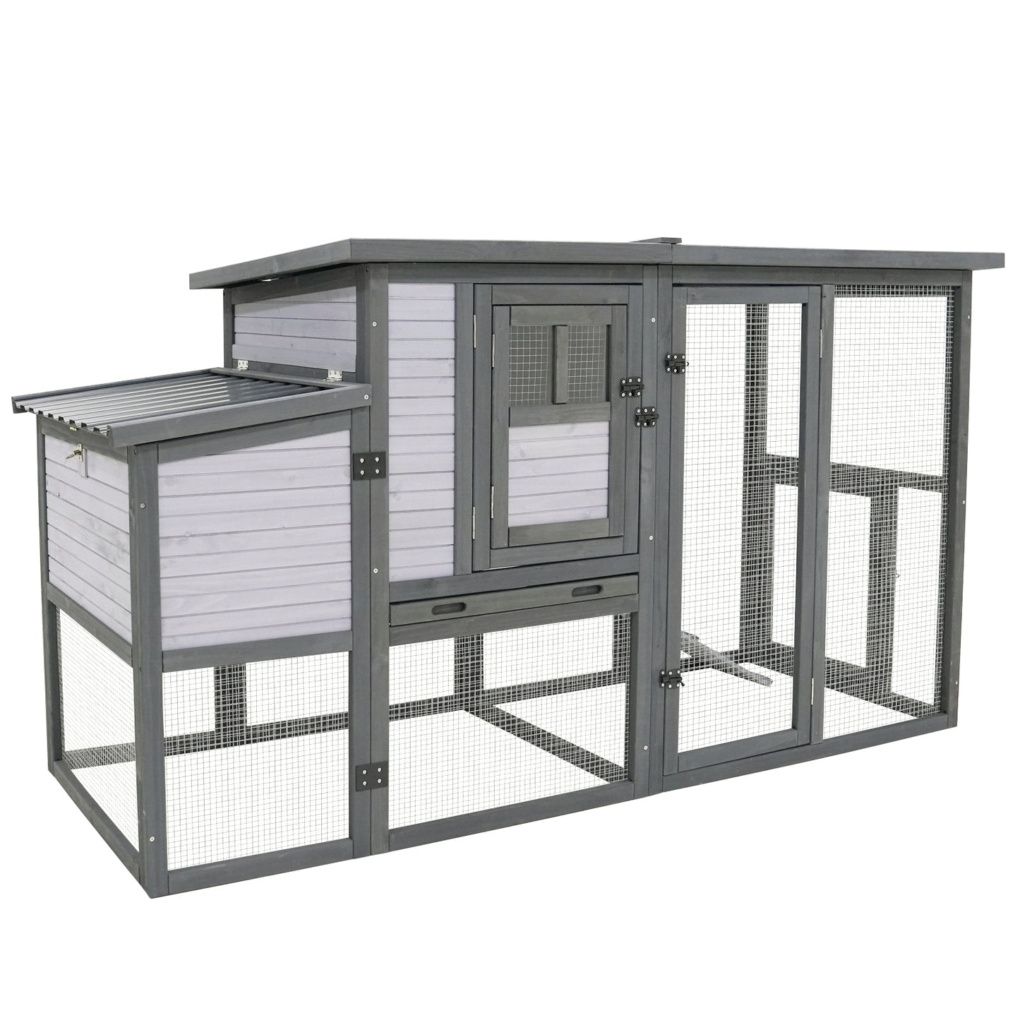 Spacious grey wooden chicken coop with duallevel design and wire mesh enclosure