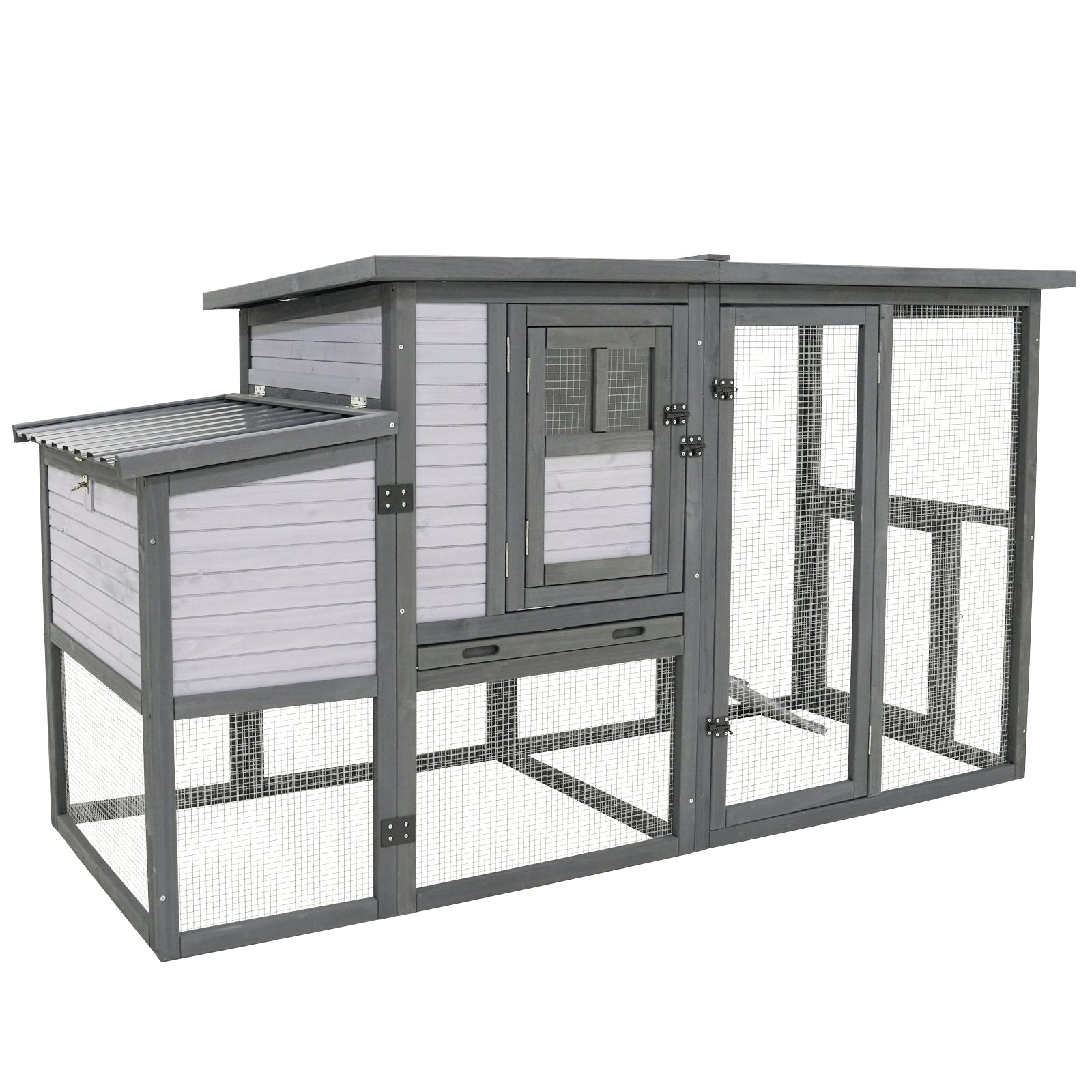 Spacious grey wooden chicken coop with duallevel design and wire mesh enclosure