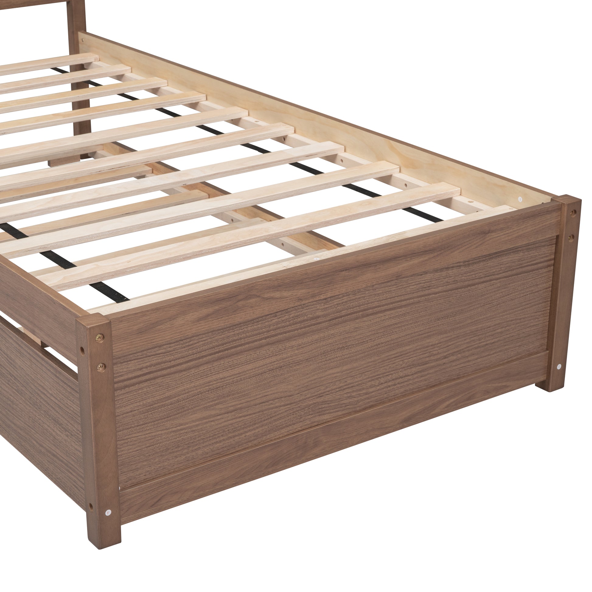 Brown wooden platform bed frame with natural wood slat support
