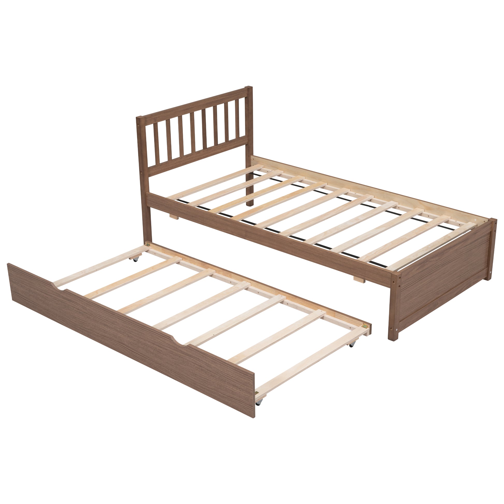 Brown wooden twin bed frame with pullout trundle