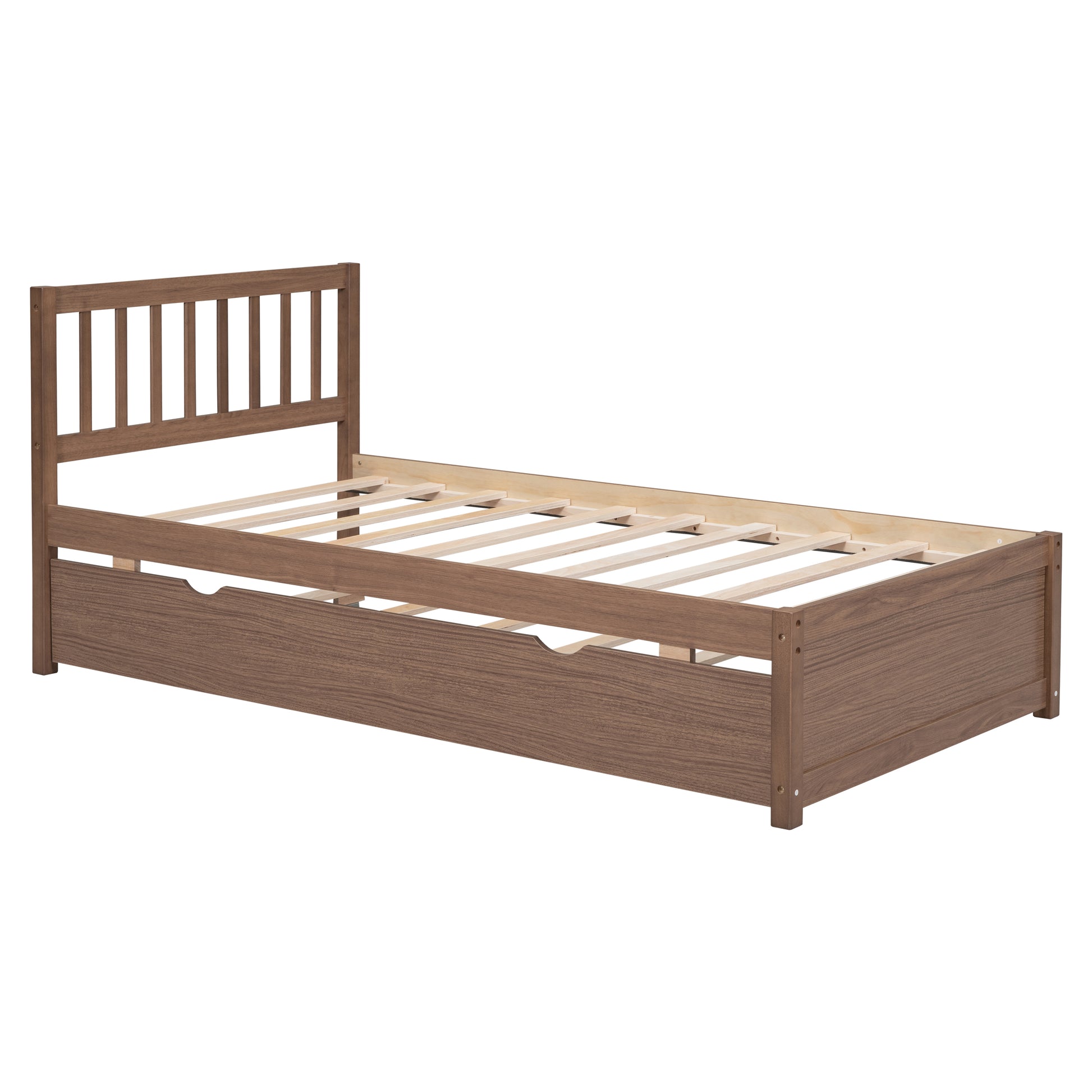 Dark wood twin bed frame with slatted base and spindle headboard
