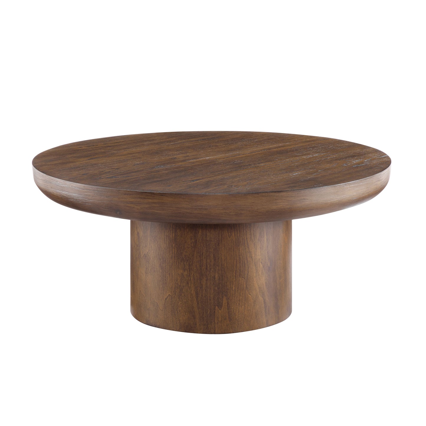 Round oak coffee table with natural wood grain and a pedestal base