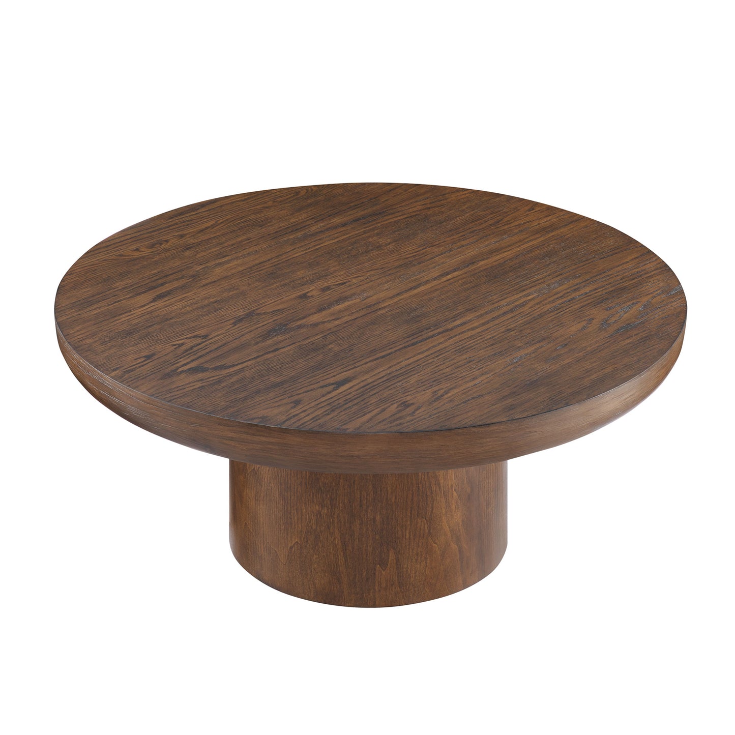 Round dark wood coffee table with a pedestal base featuring a natural grain