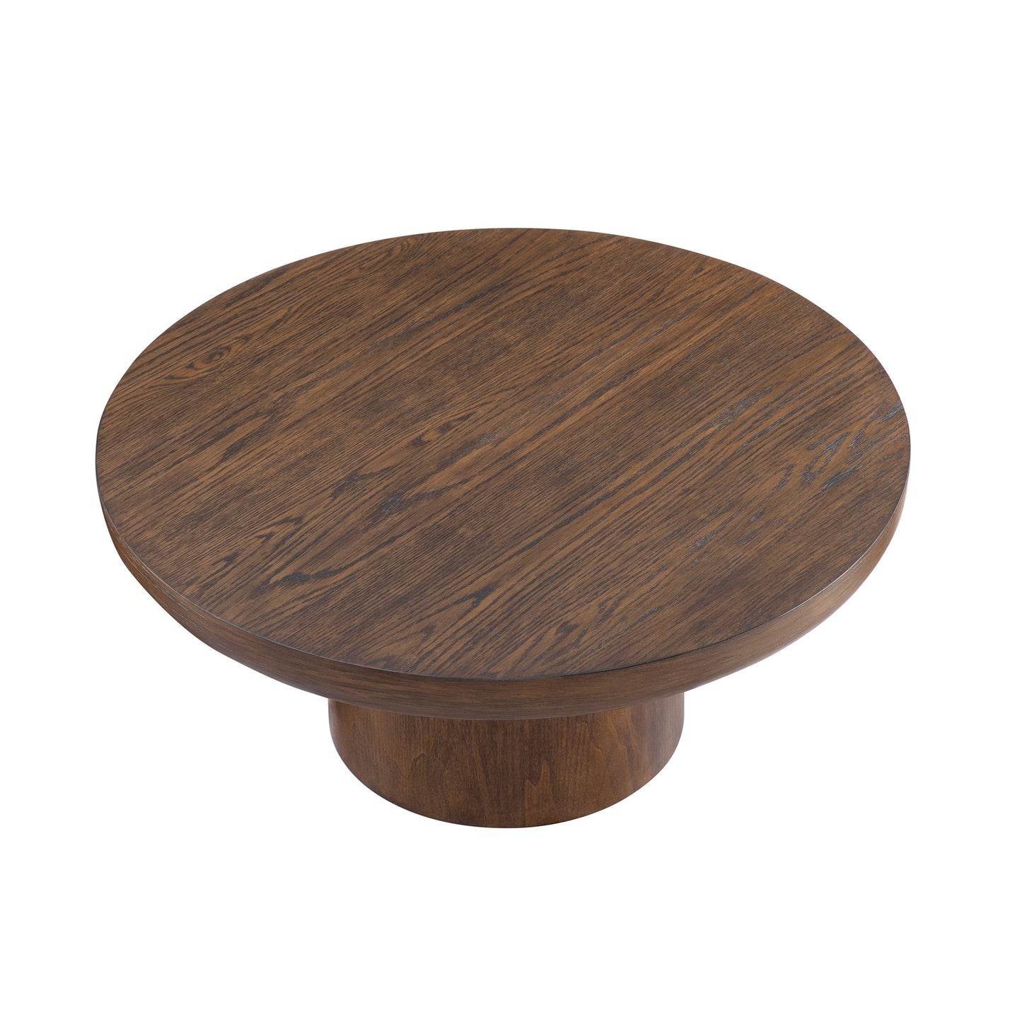 Round wooden coffee table with a rich brown finish and distinctive grain detail