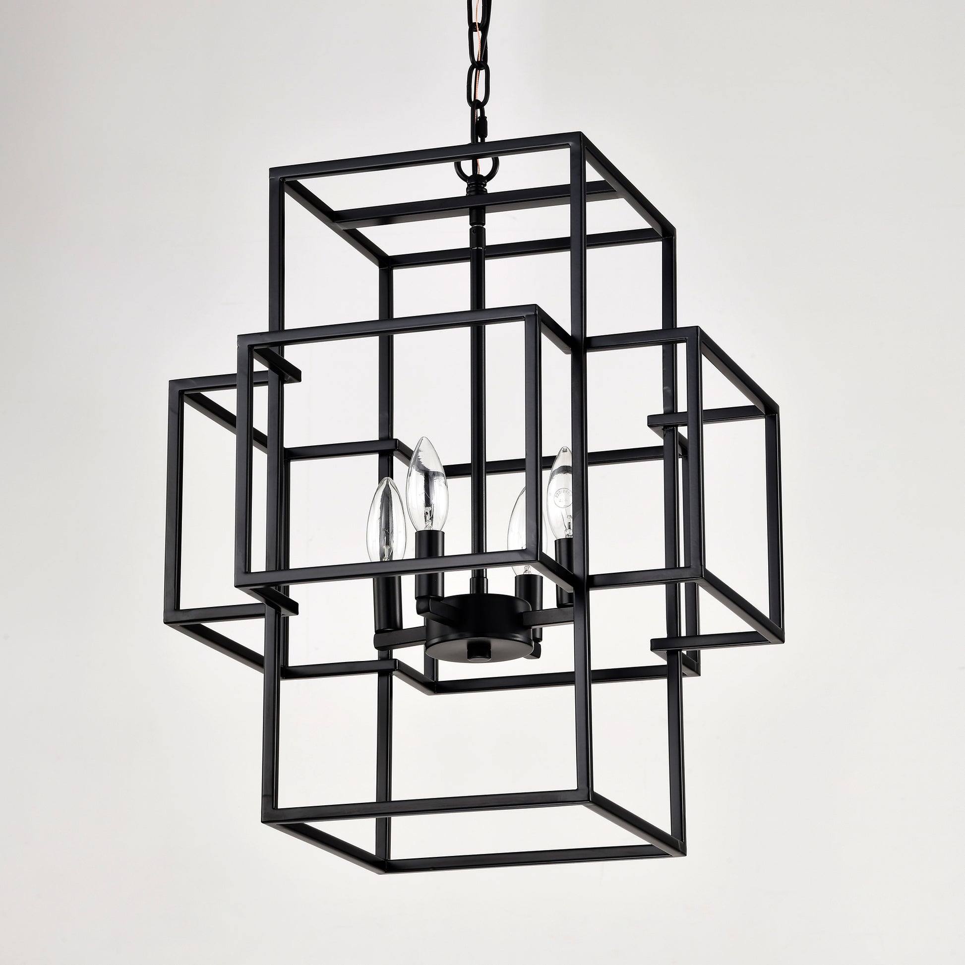 Modern black metal geometric cage chandelier with four candelabra bulbs