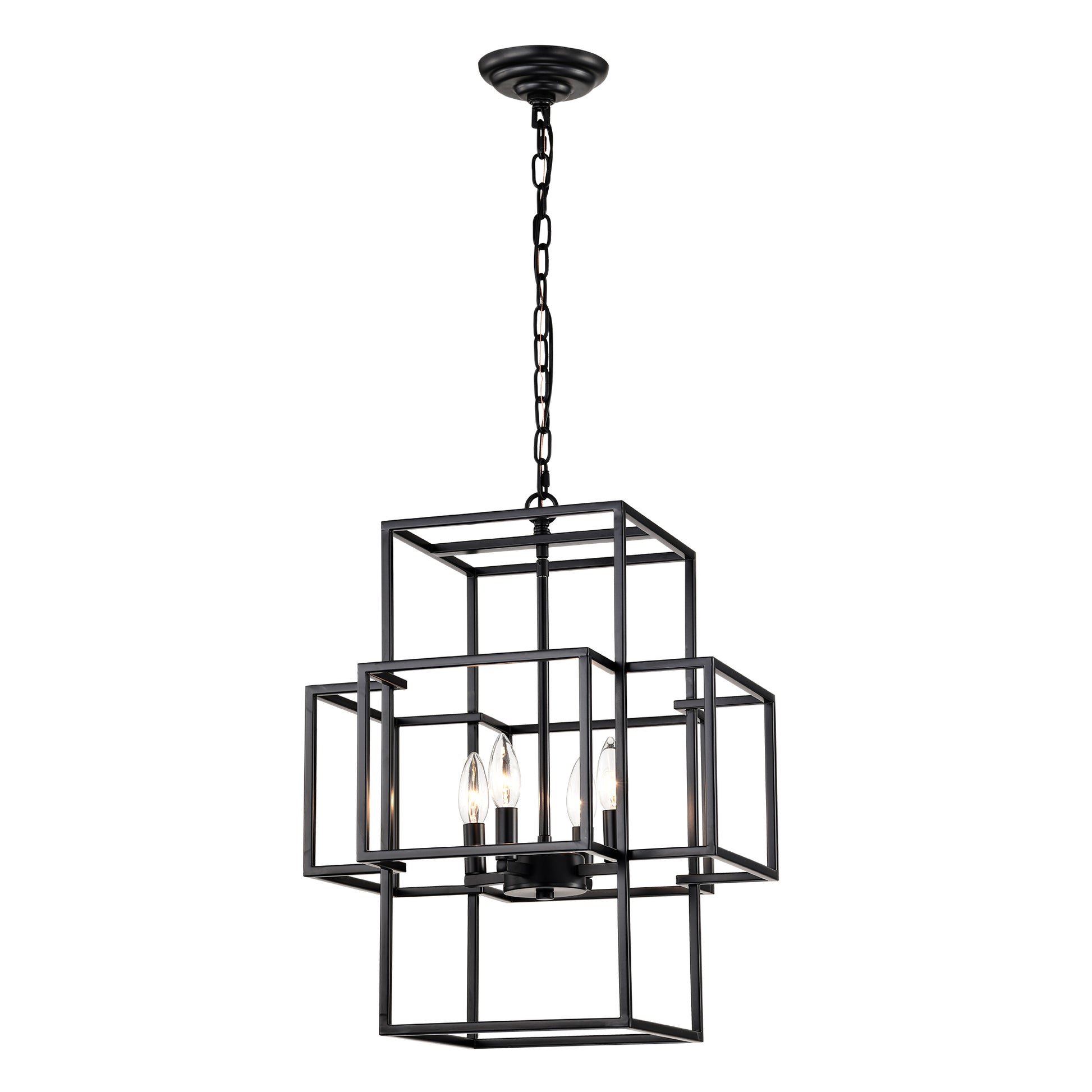 Black metal geometric chandelier with  candelabra bulbs and chain suspension
