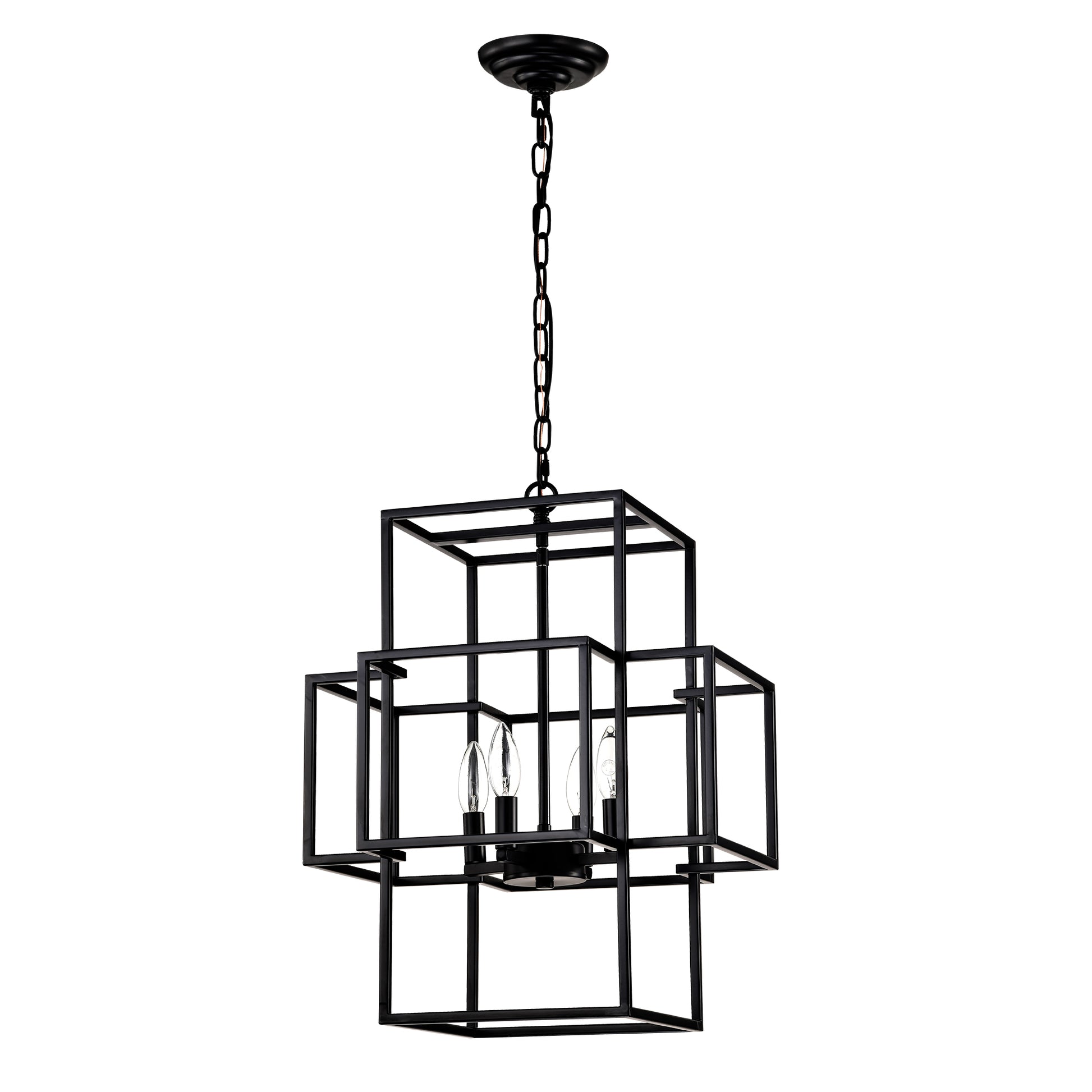 Black geometric caged chandelier with four candelabra bulbs modern foyer lighting