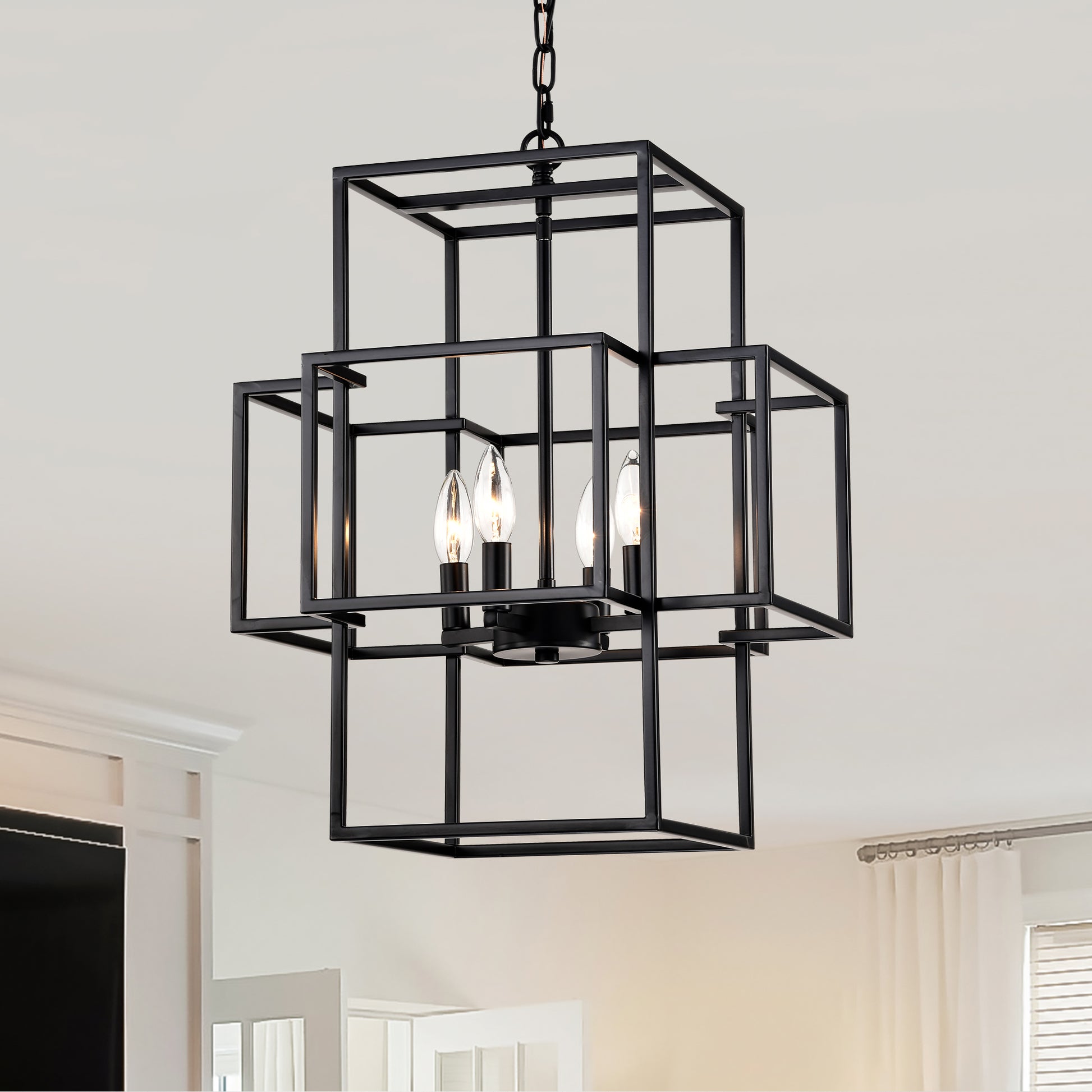 Modern black metal geometric chandelier with exposed Edison bulbs