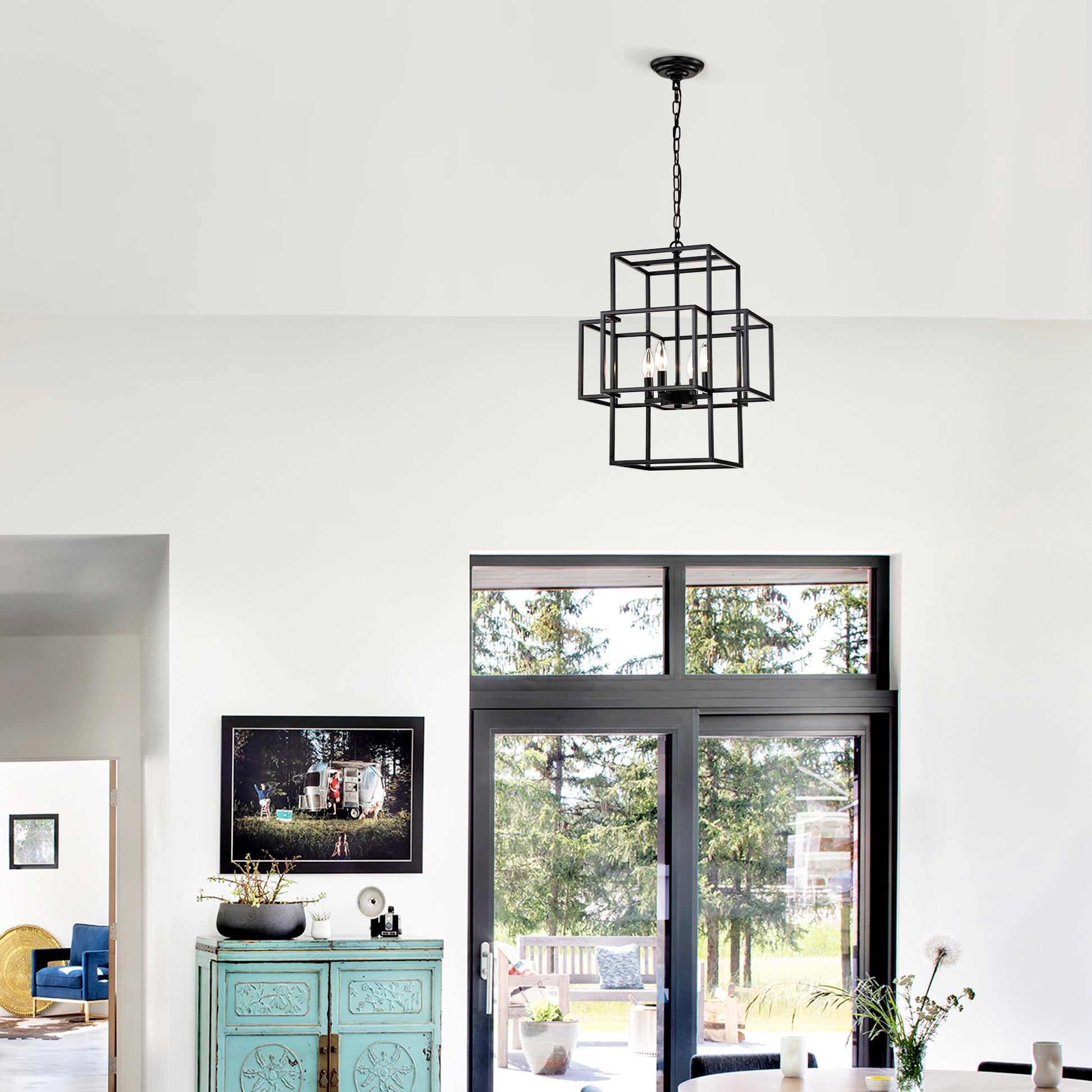 Black geometric cage chandelier with four lights ideal for modern dining rooms