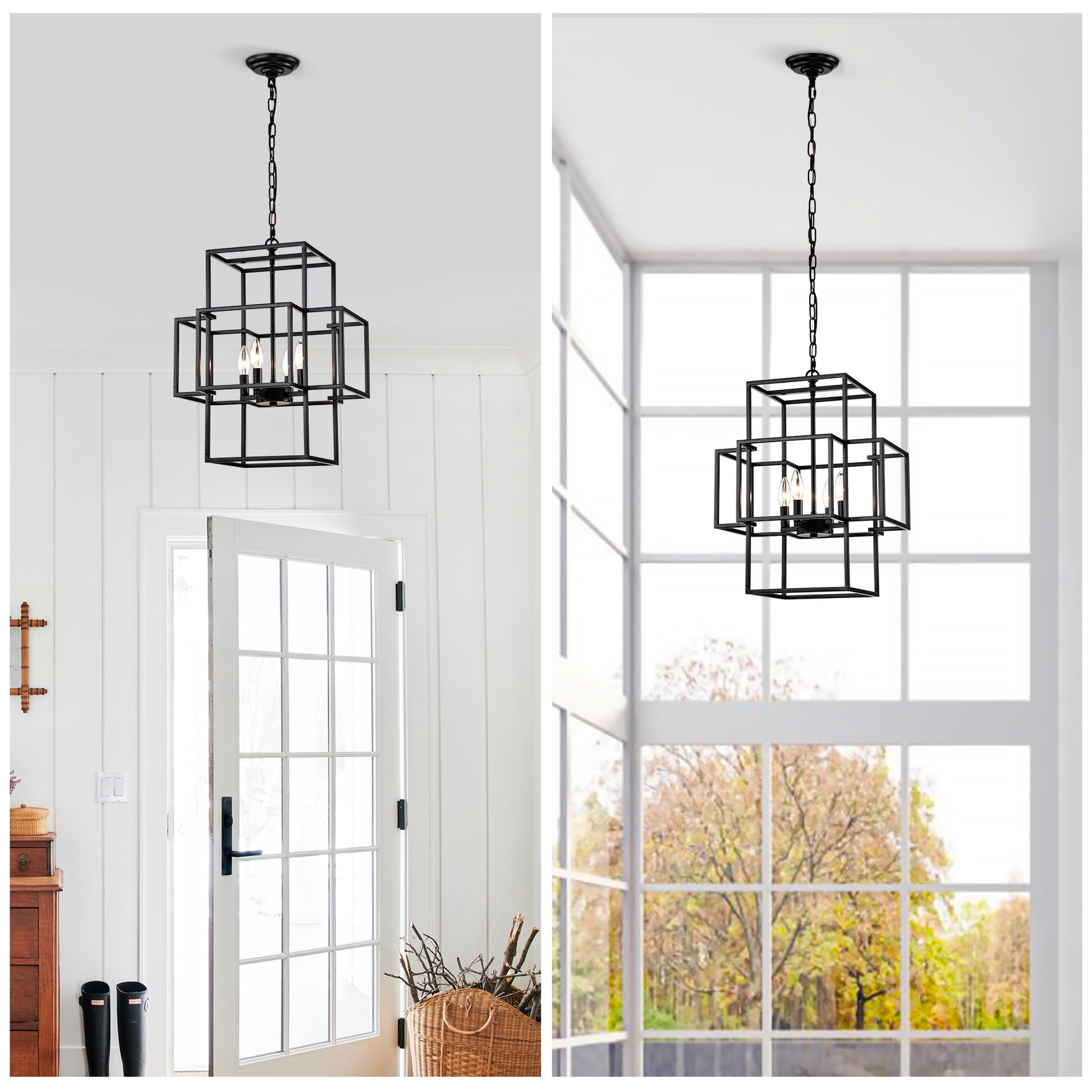 Black geometric cage pendant light with four candelabra bulbs for entryway