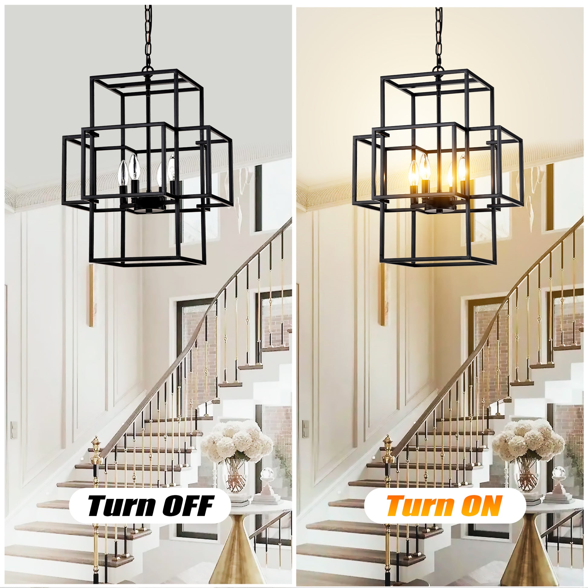 Black geometric tiered cage chandelier with four candelabra bulbs