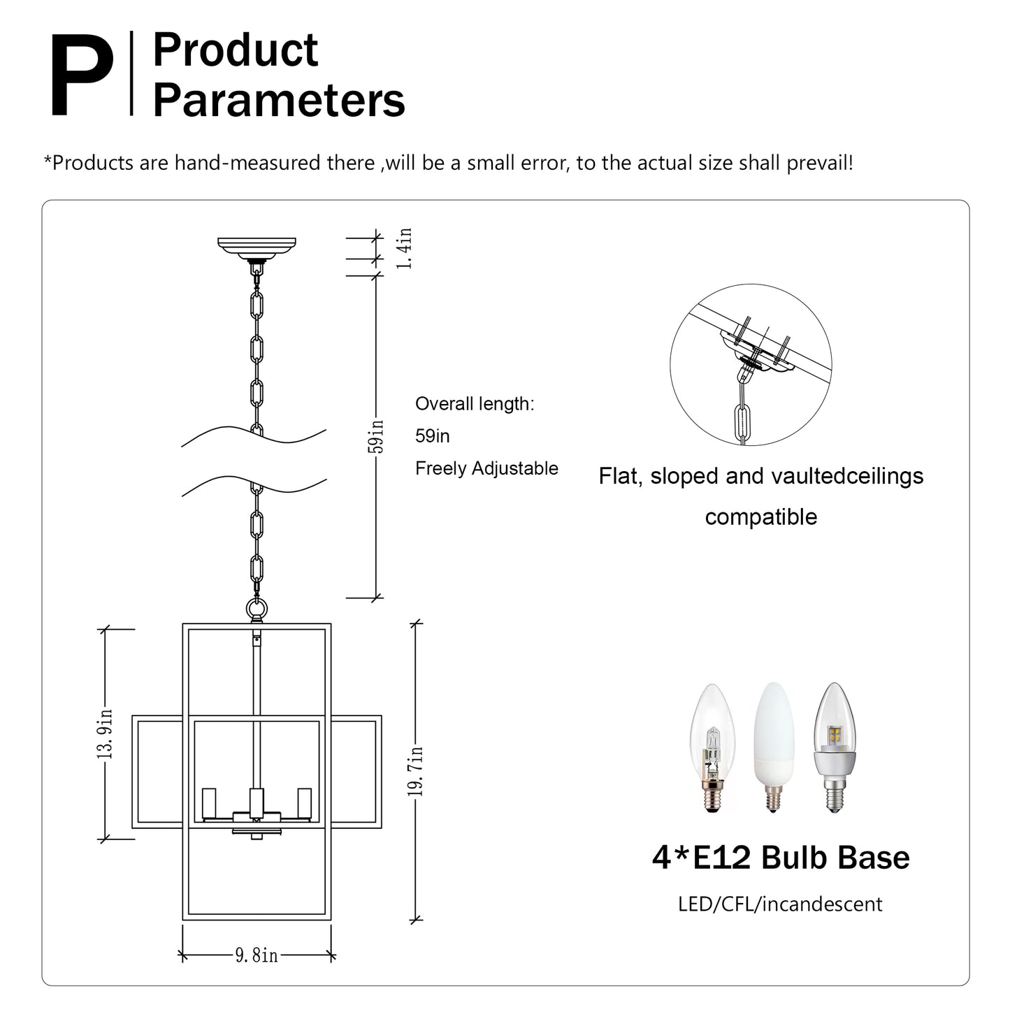 Diagram of a modern black chandelier in W x in H x in L with adjustable chain