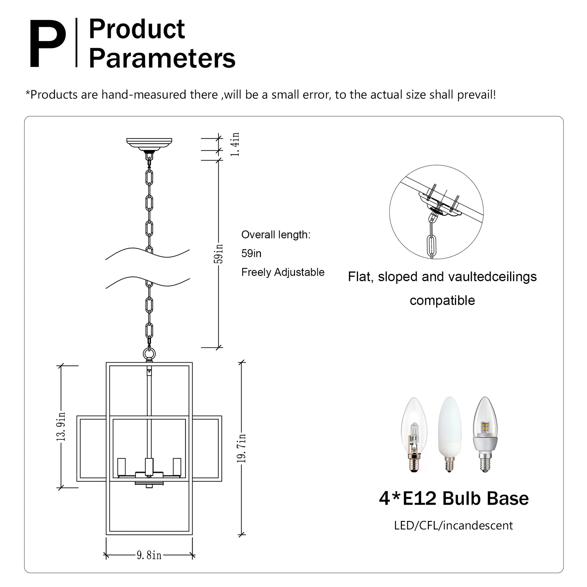 Diagram of a modern black chandelier in W x in H x in L with adjustable chain