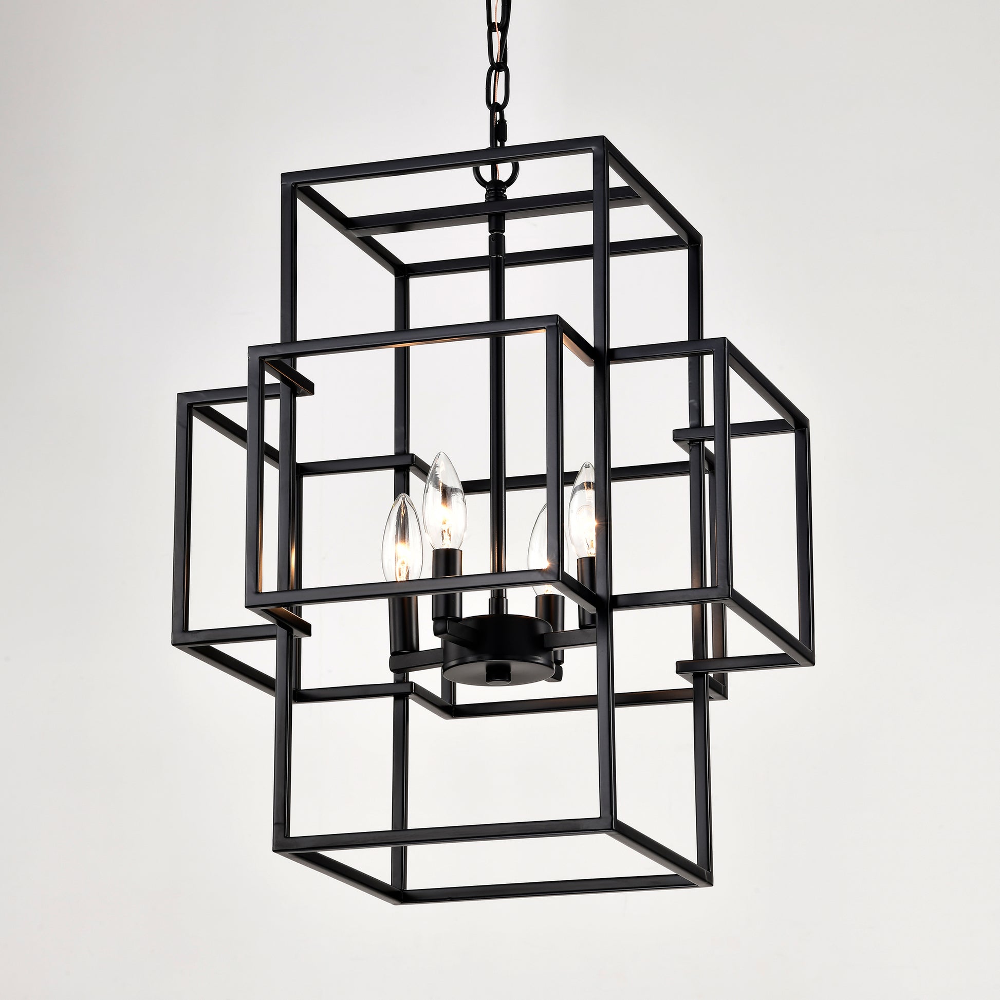 Modern geometric black metal pendant light with four candelabra bulbs