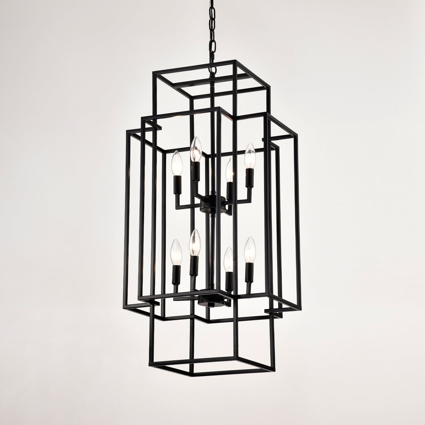 Geometric black metal chandelier with eight clear Edison bulbs
