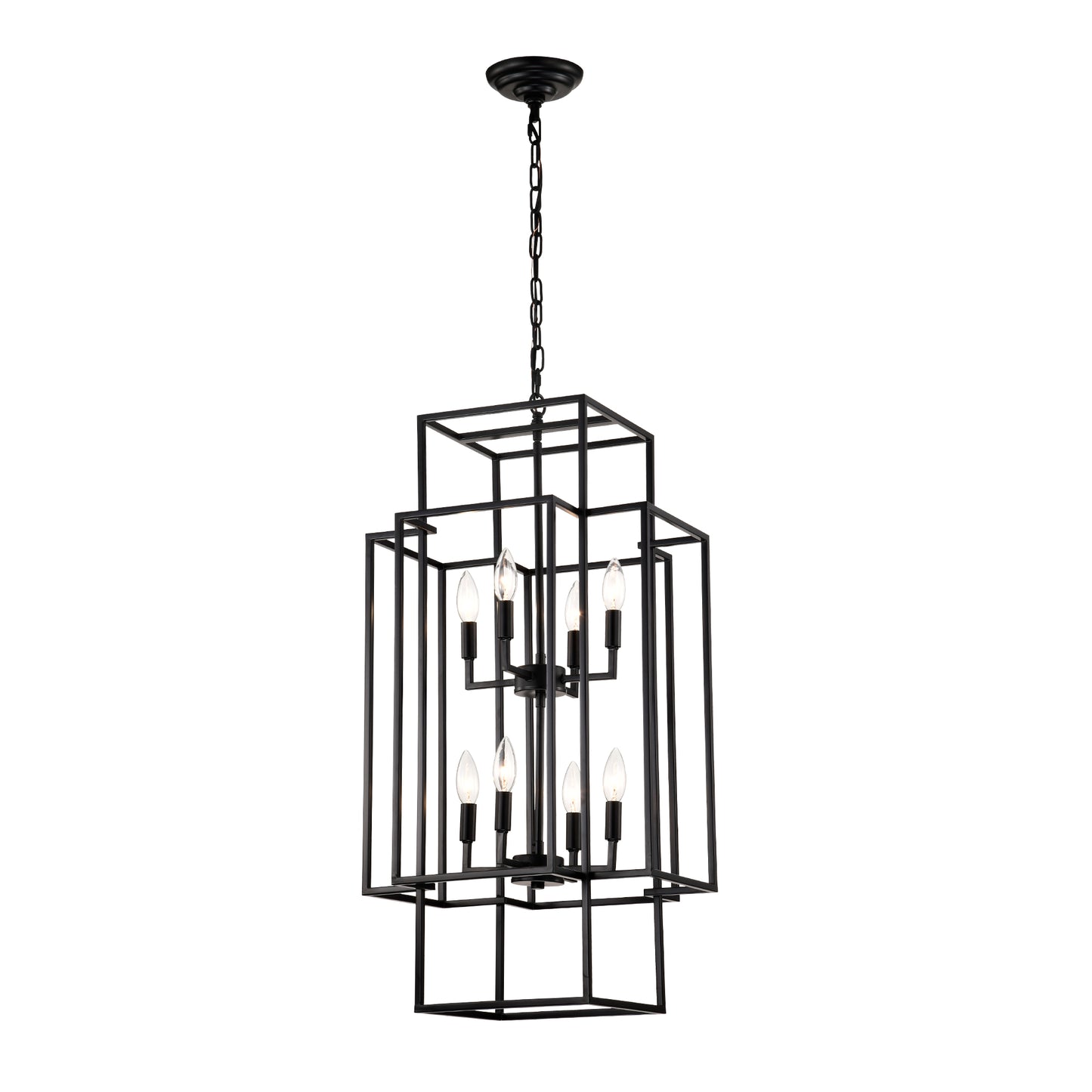 Black geometric lantern chandelier with  bulbs for modern dining rooms