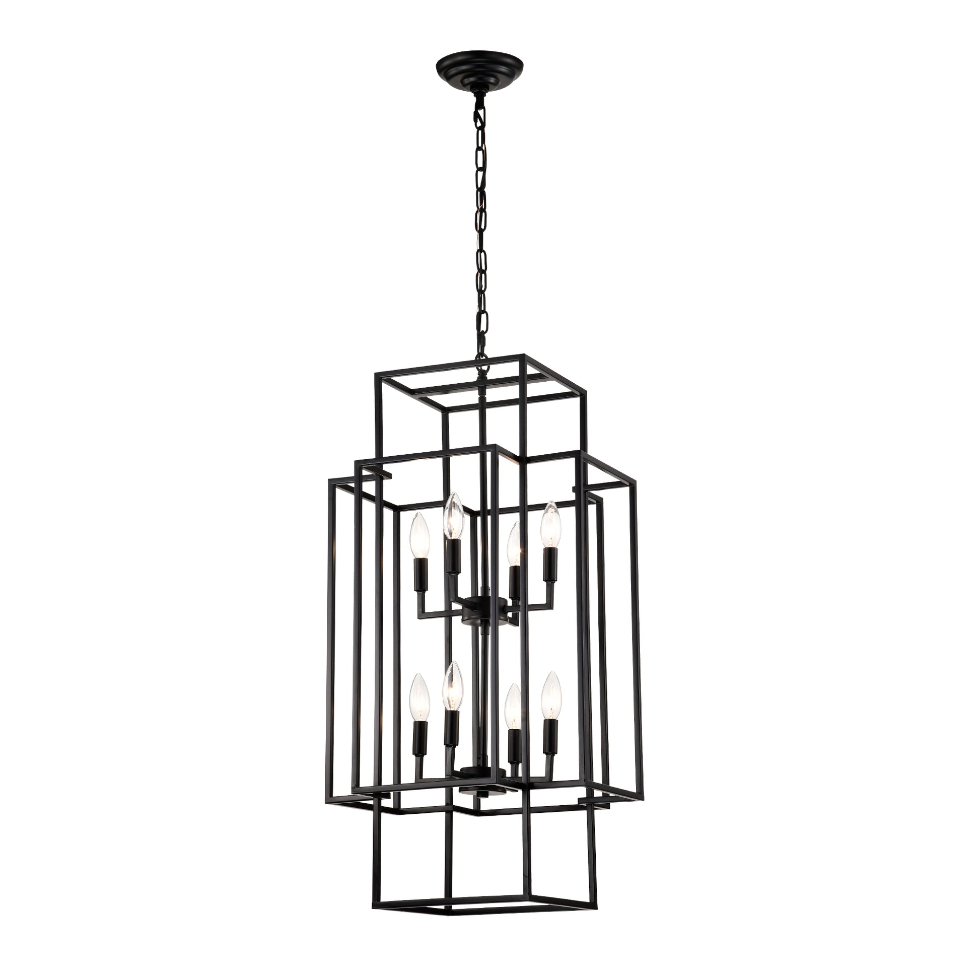 Black geometric lantern chandelier with  bulbs for modern dining rooms