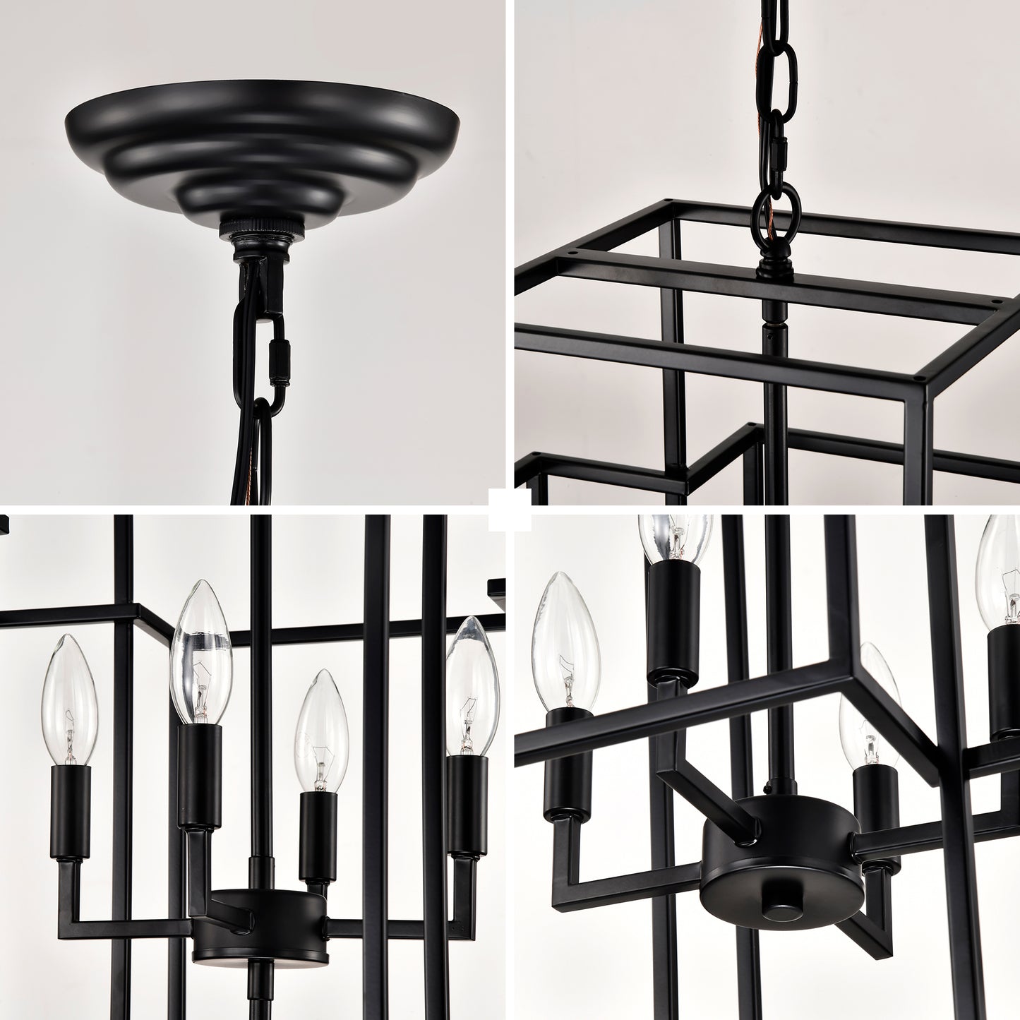 Closeup of black wrought iron geometric cage chandelier fixture with chain