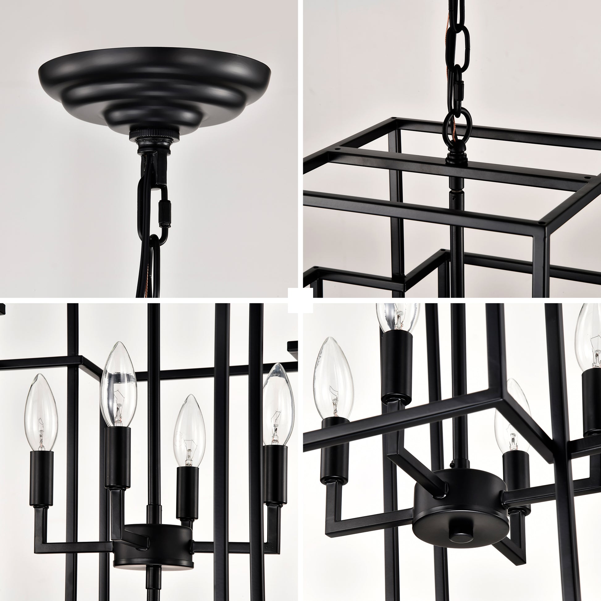 Closeup of black wrought iron geometric cage chandelier fixture with chain