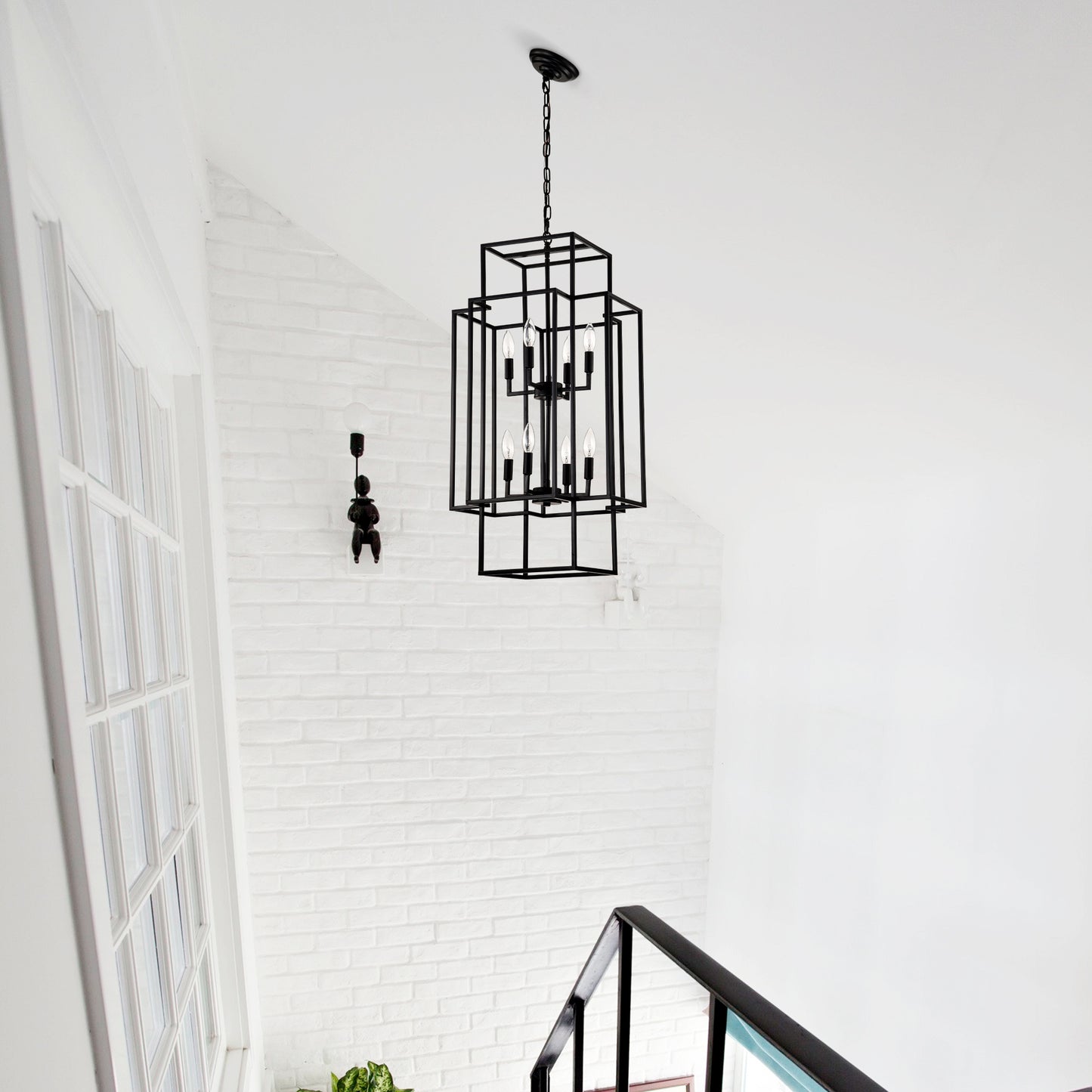 Geometric black metal chandelier with eight bulbs modern farmhouse style
