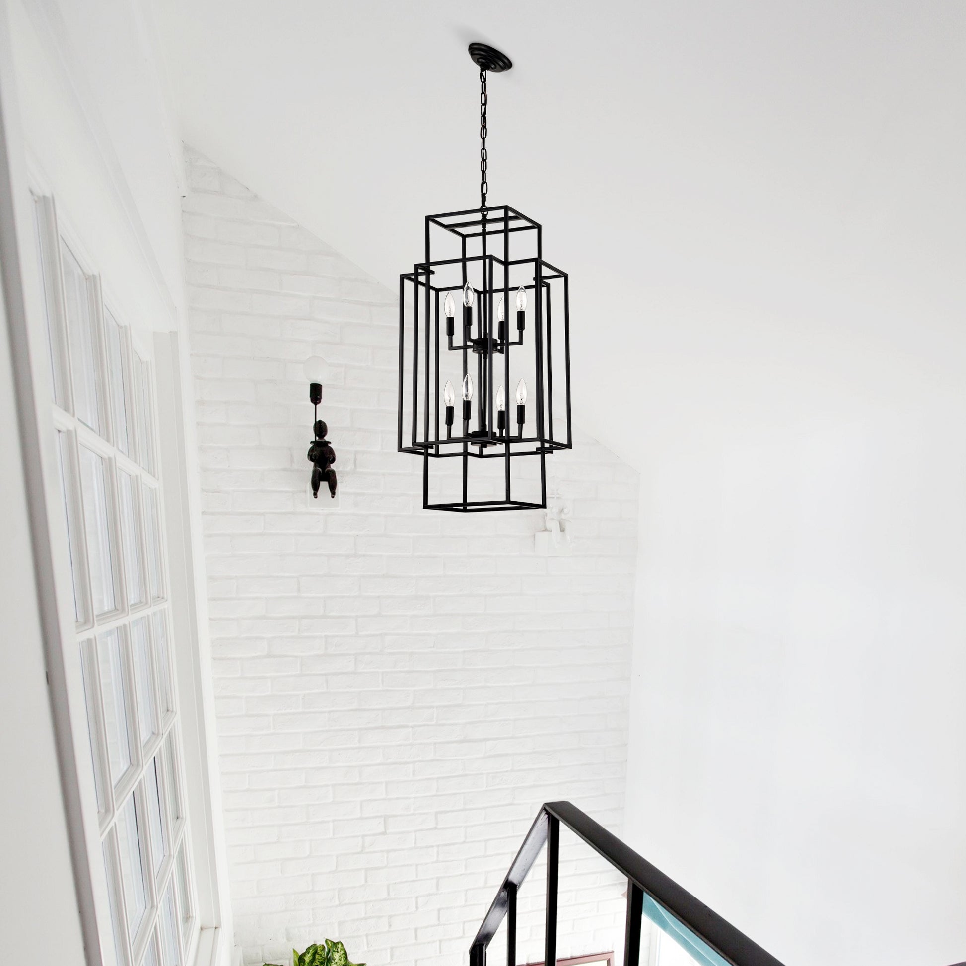 Geometric black metal chandelier with eight bulbs modern farmhouse style