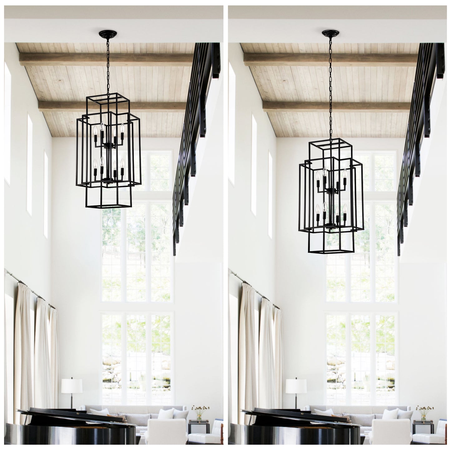 Black geometric foyer chandelier with eight Edison bulbs modern design