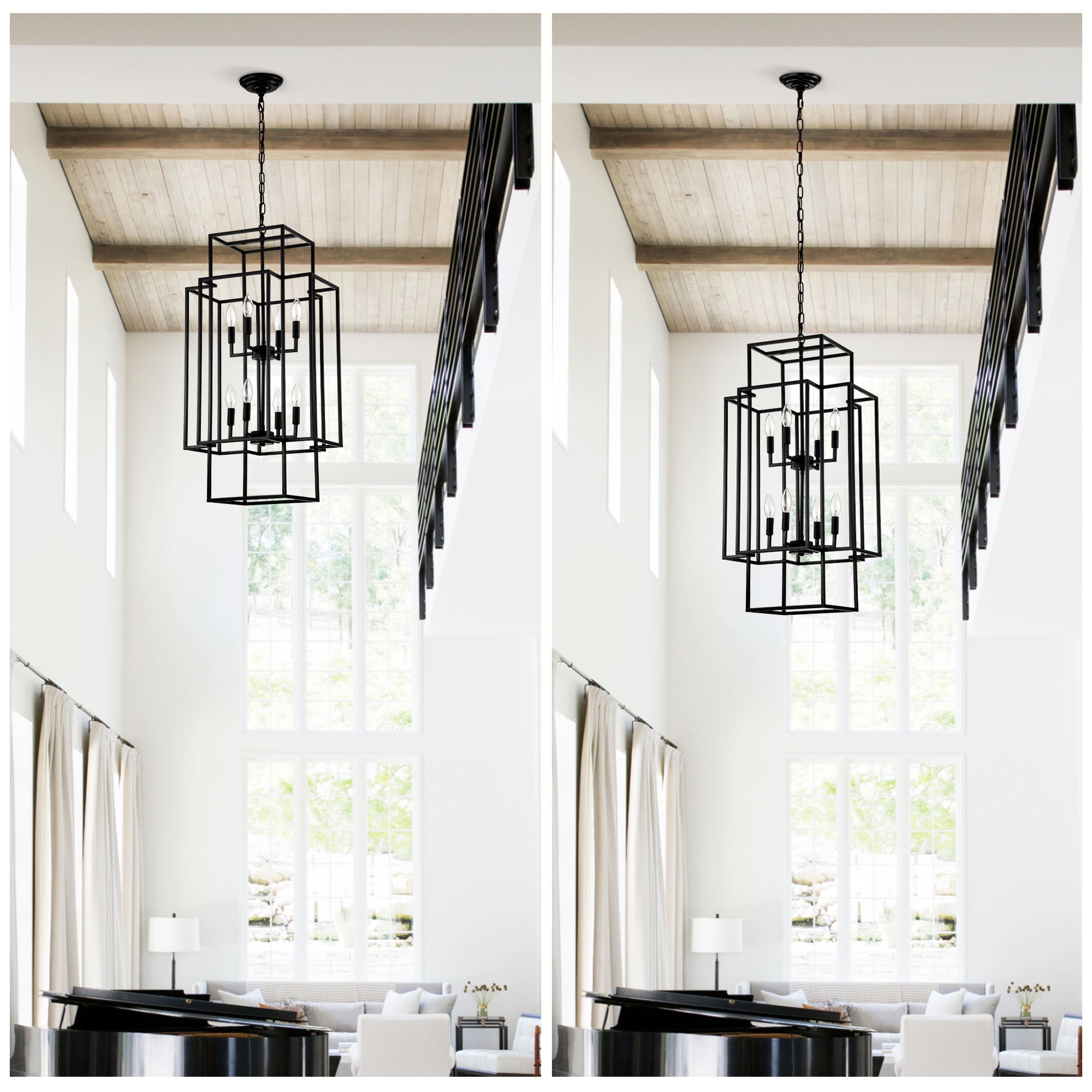 Black geometric foyer chandelier with eight Edison bulbs modern design