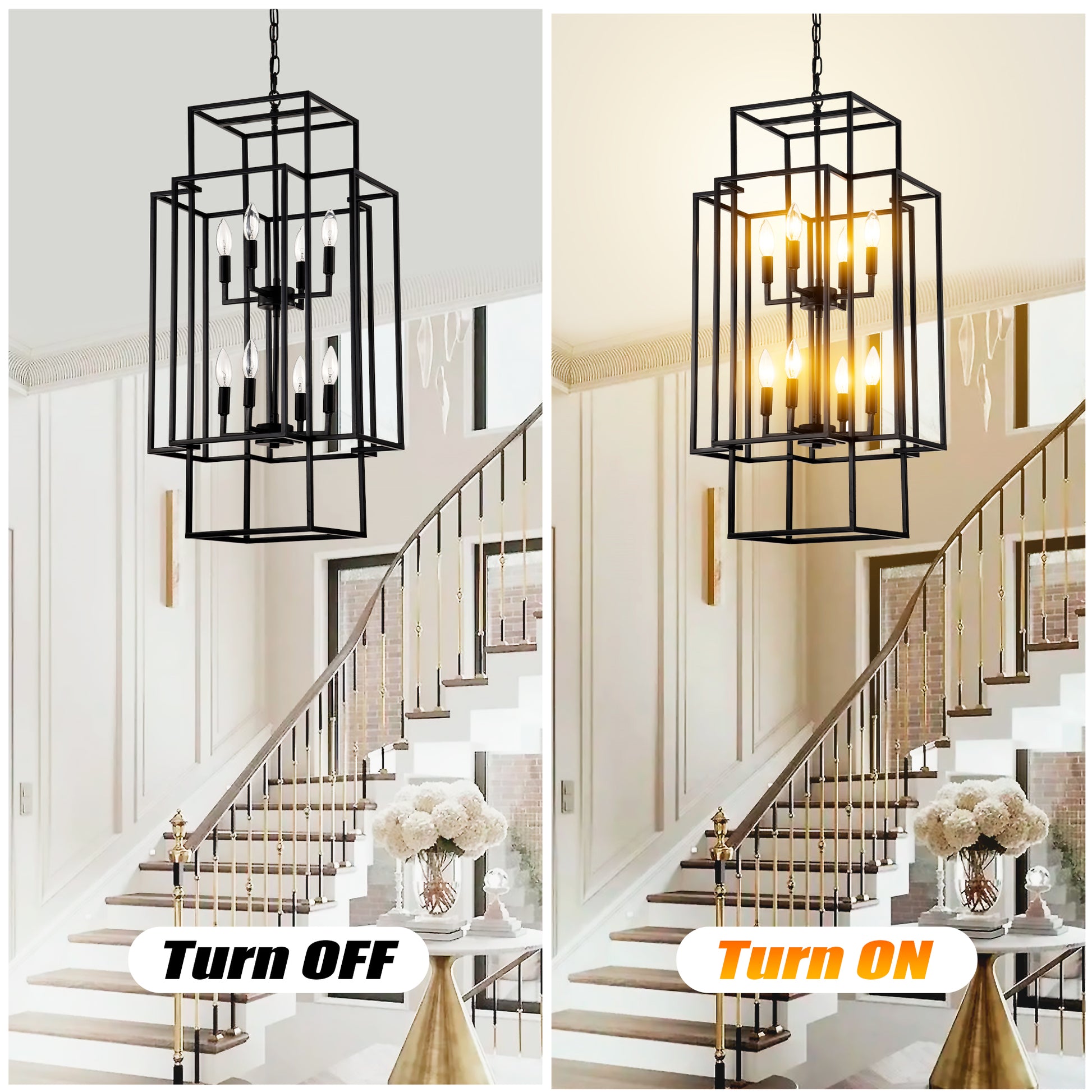 Black geometric lantern chandelier with  candelabra bulbs a modern statement light for entryways