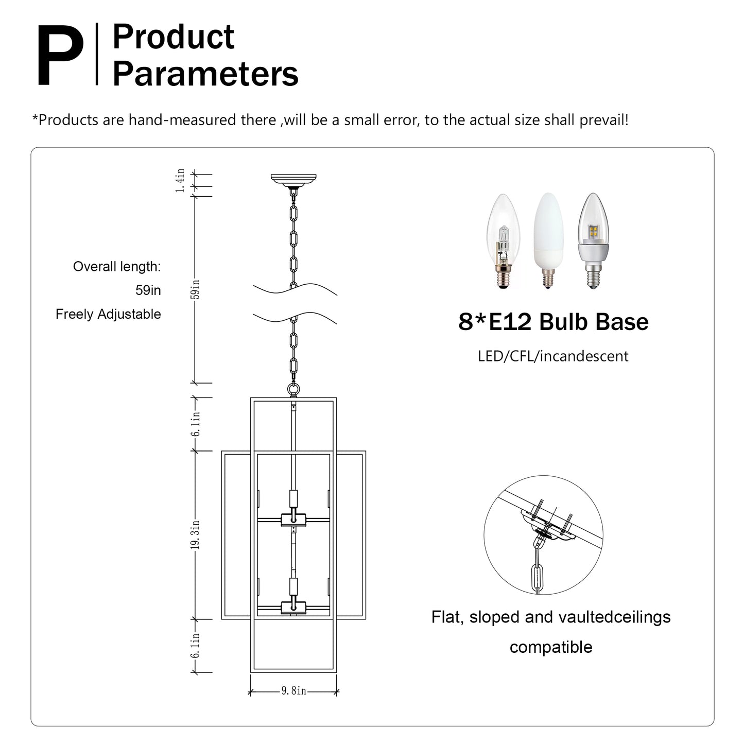Line drawing of a contemporary pendant light fixture with adjustable chain and rectangular frame